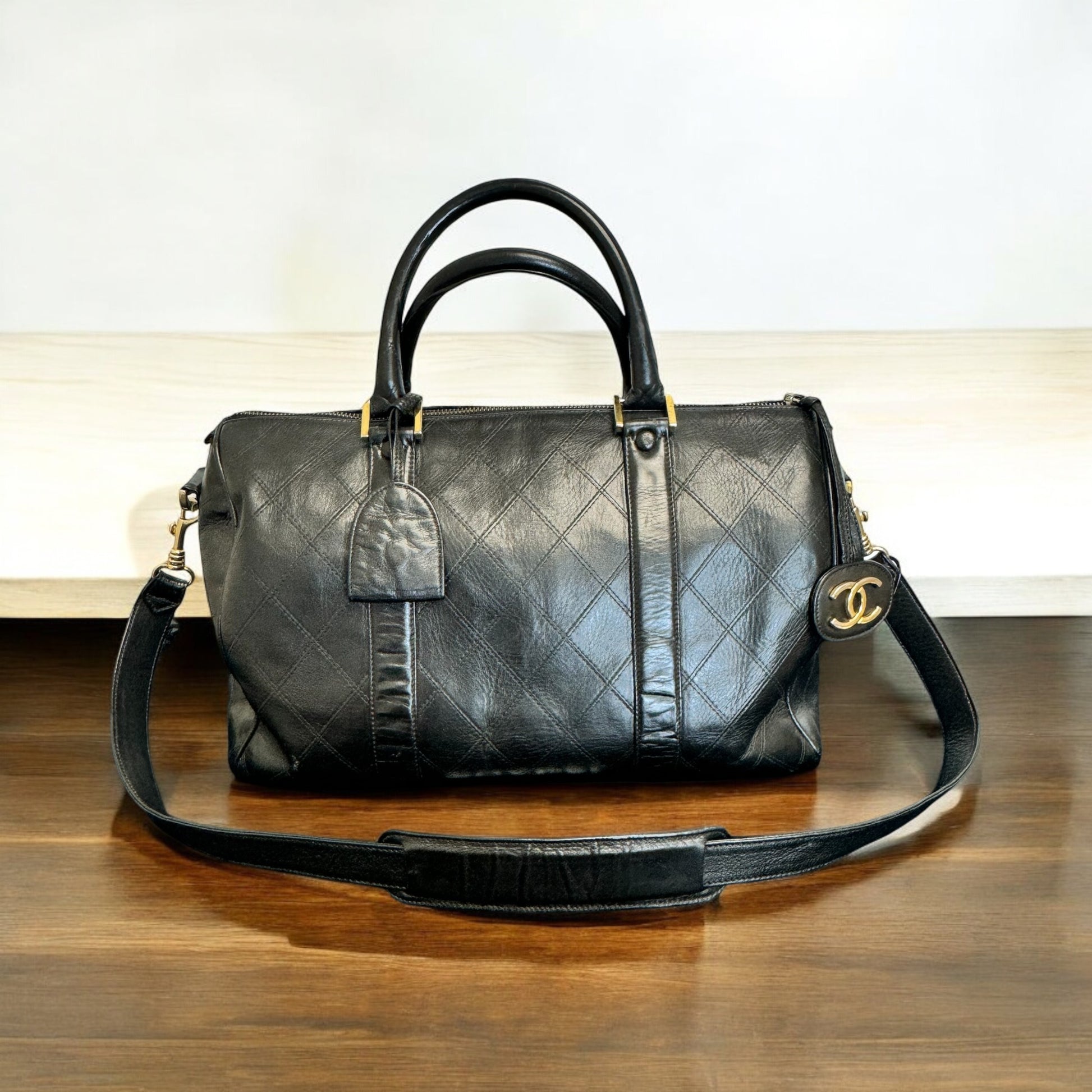 Chanel Vintage Black Lambskin Quilted Boston Bag