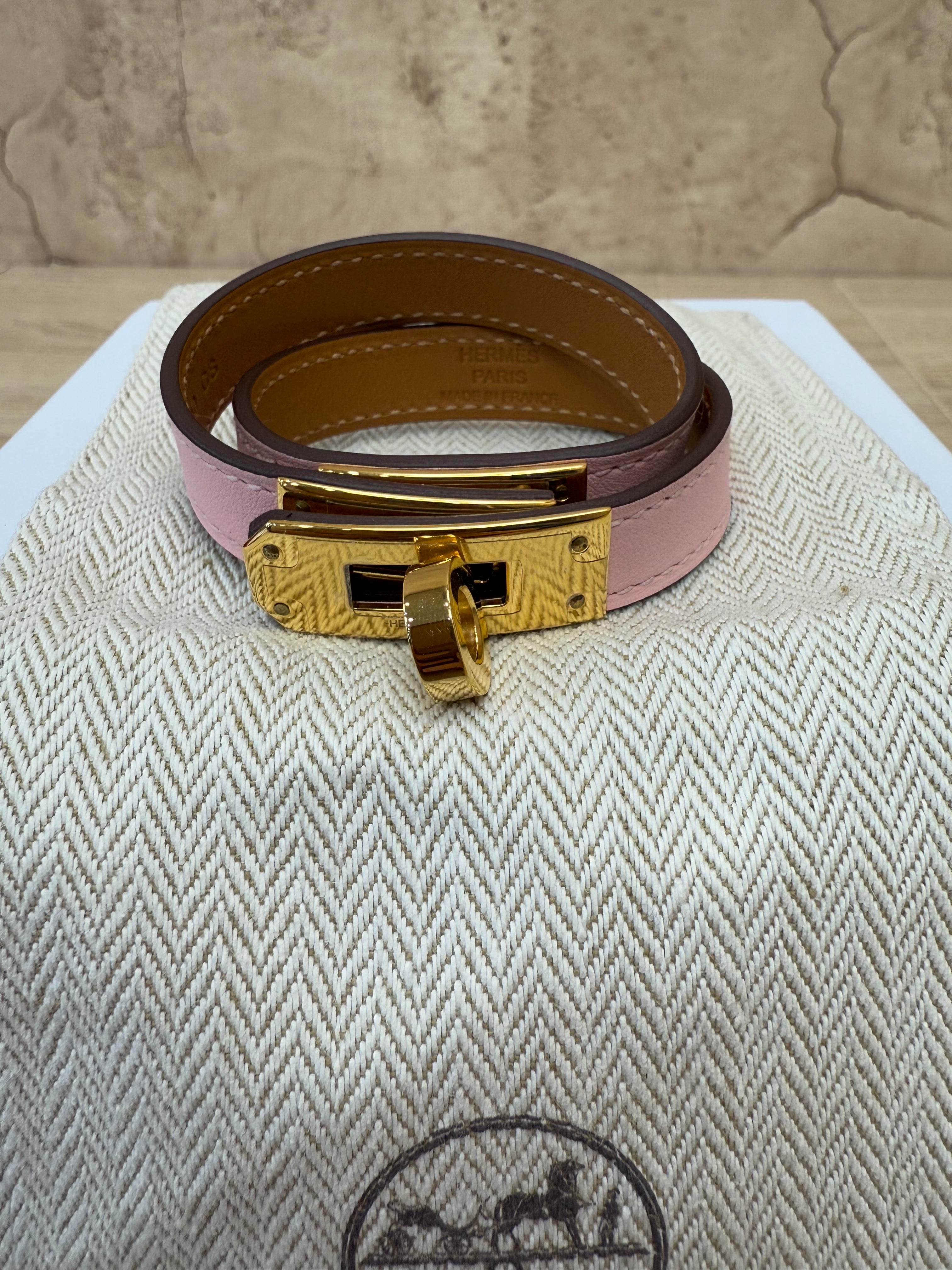 Hermes Pink Leather Double Wrap Kelly Tour Bracelet