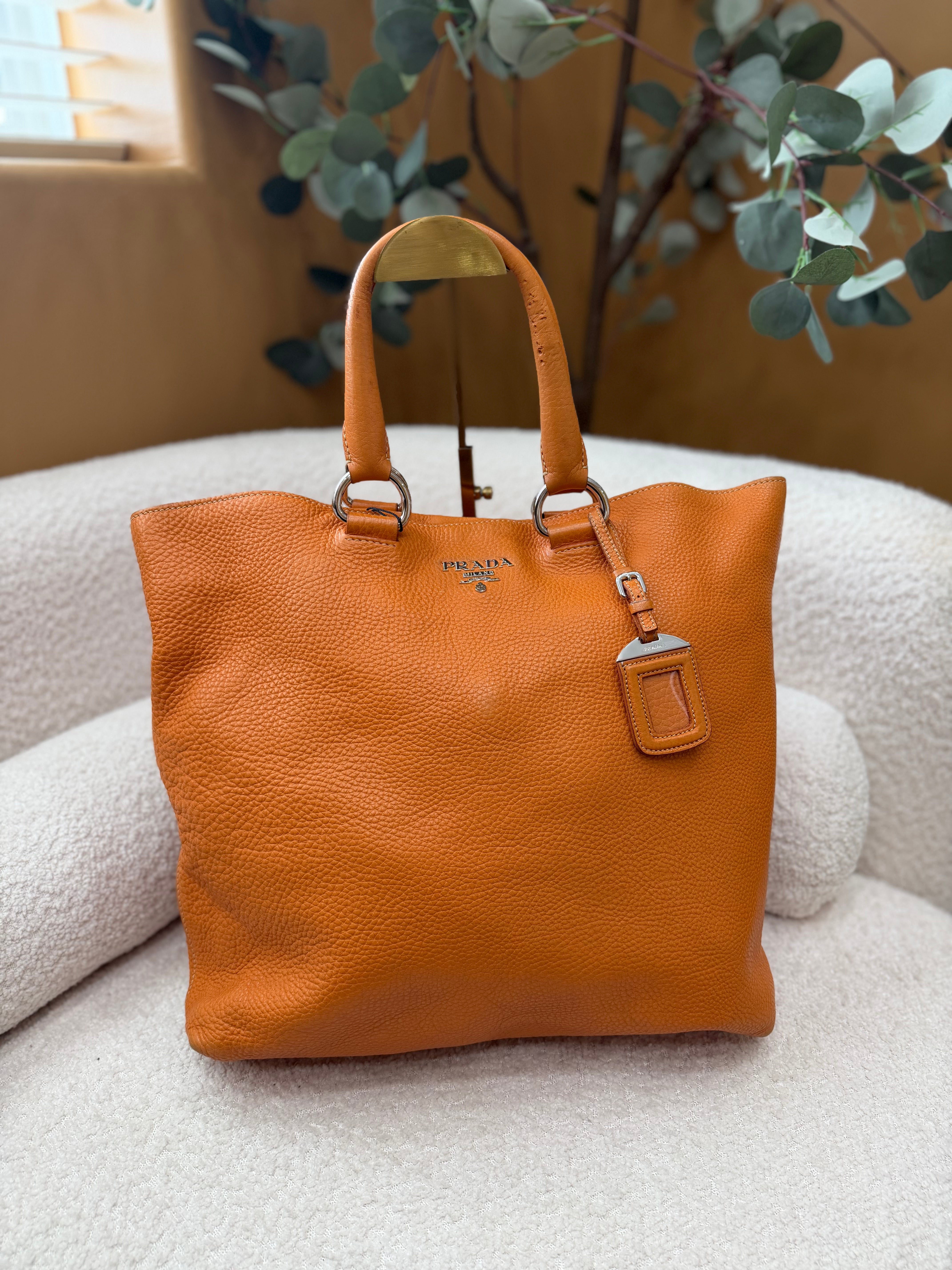 Prada Orange Leather Vitello Daino Shopping Tote Bag