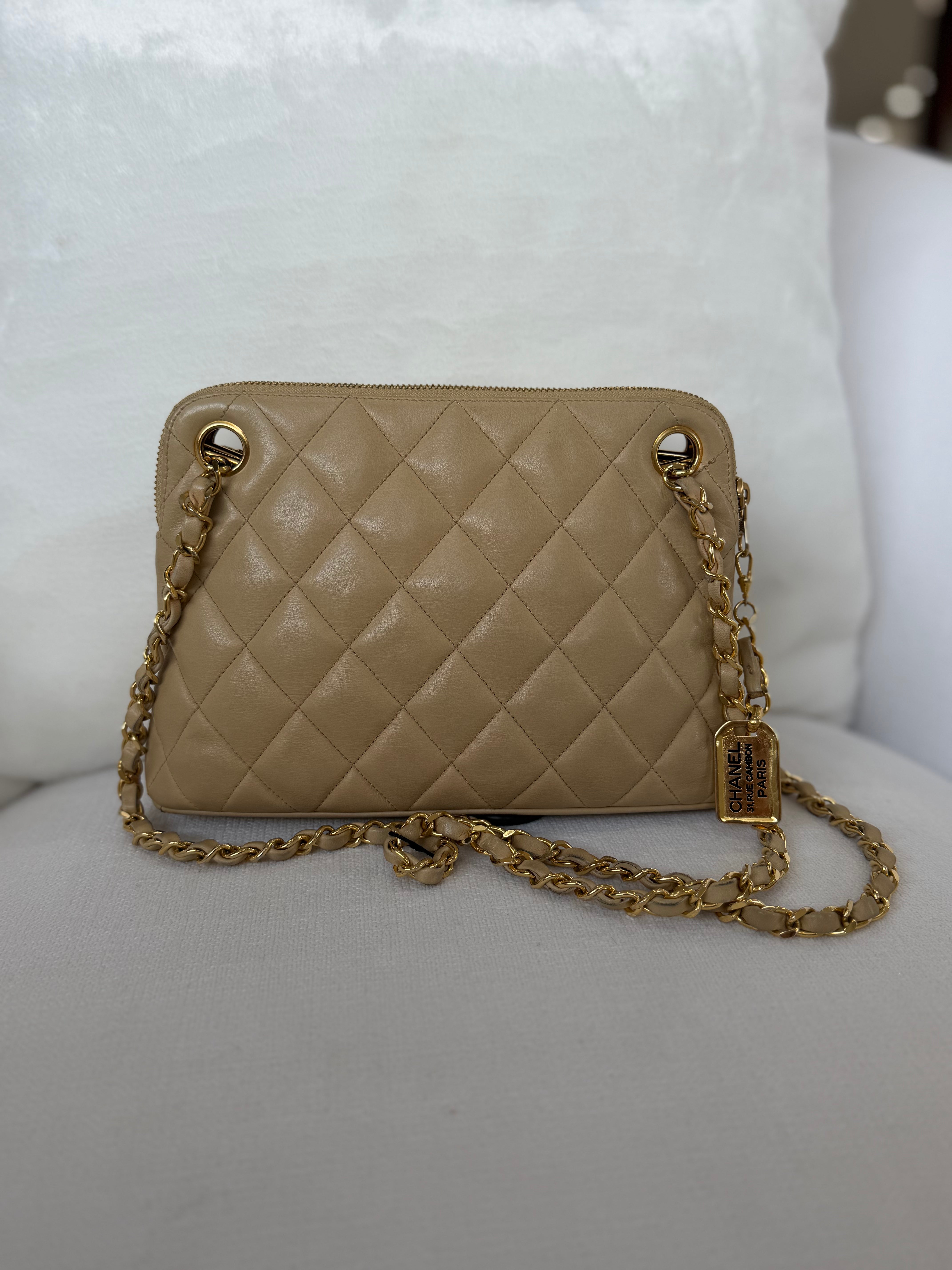 Chanel Beige Quilted Lambskin Chain Shoulder Bag