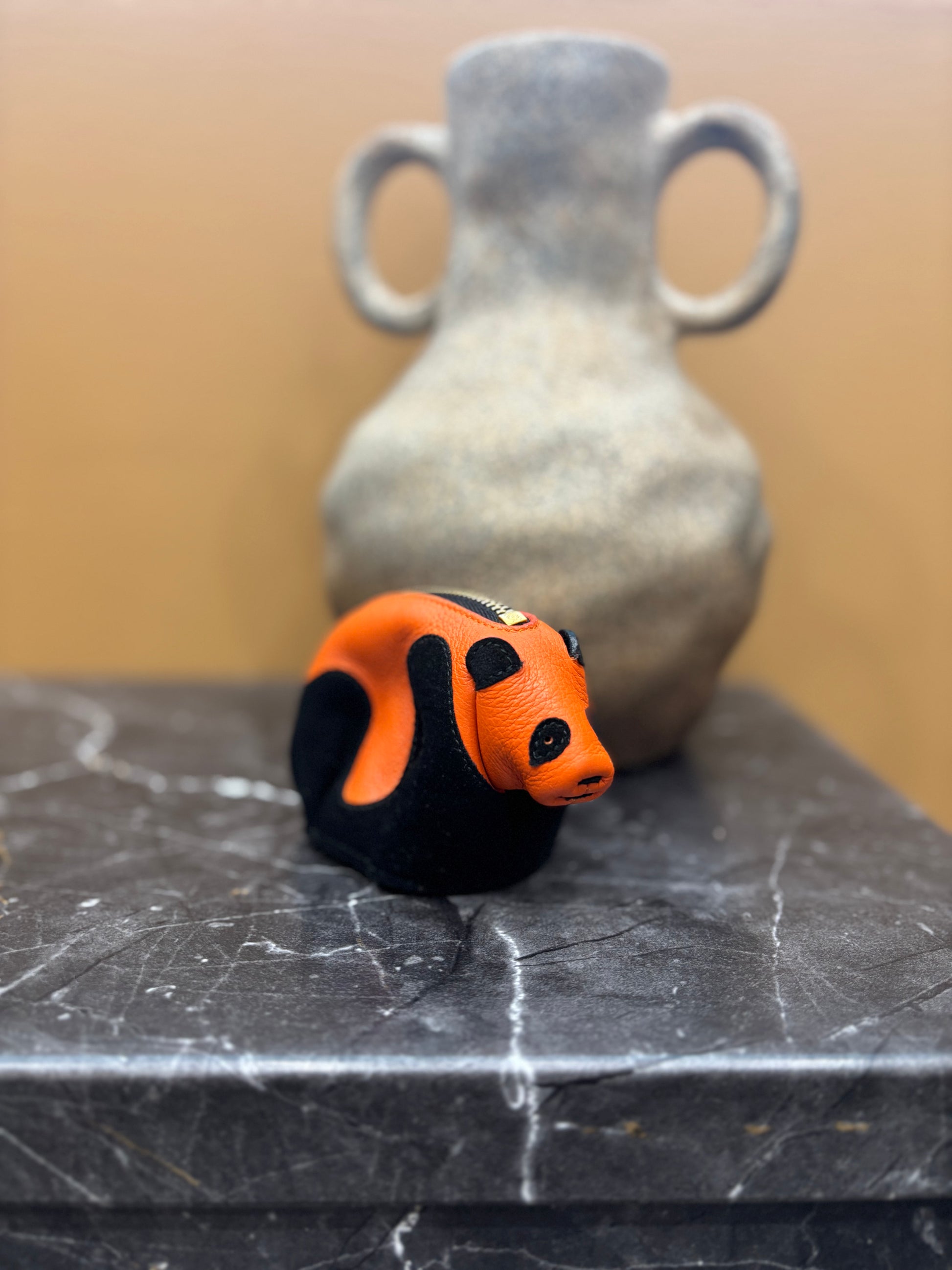 Loewe Orange & Black Leather Panda Coin Pouch