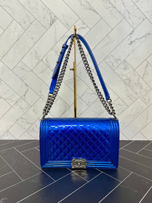 Chanel Blue Quilted Patent Leather Medium Boy Bag