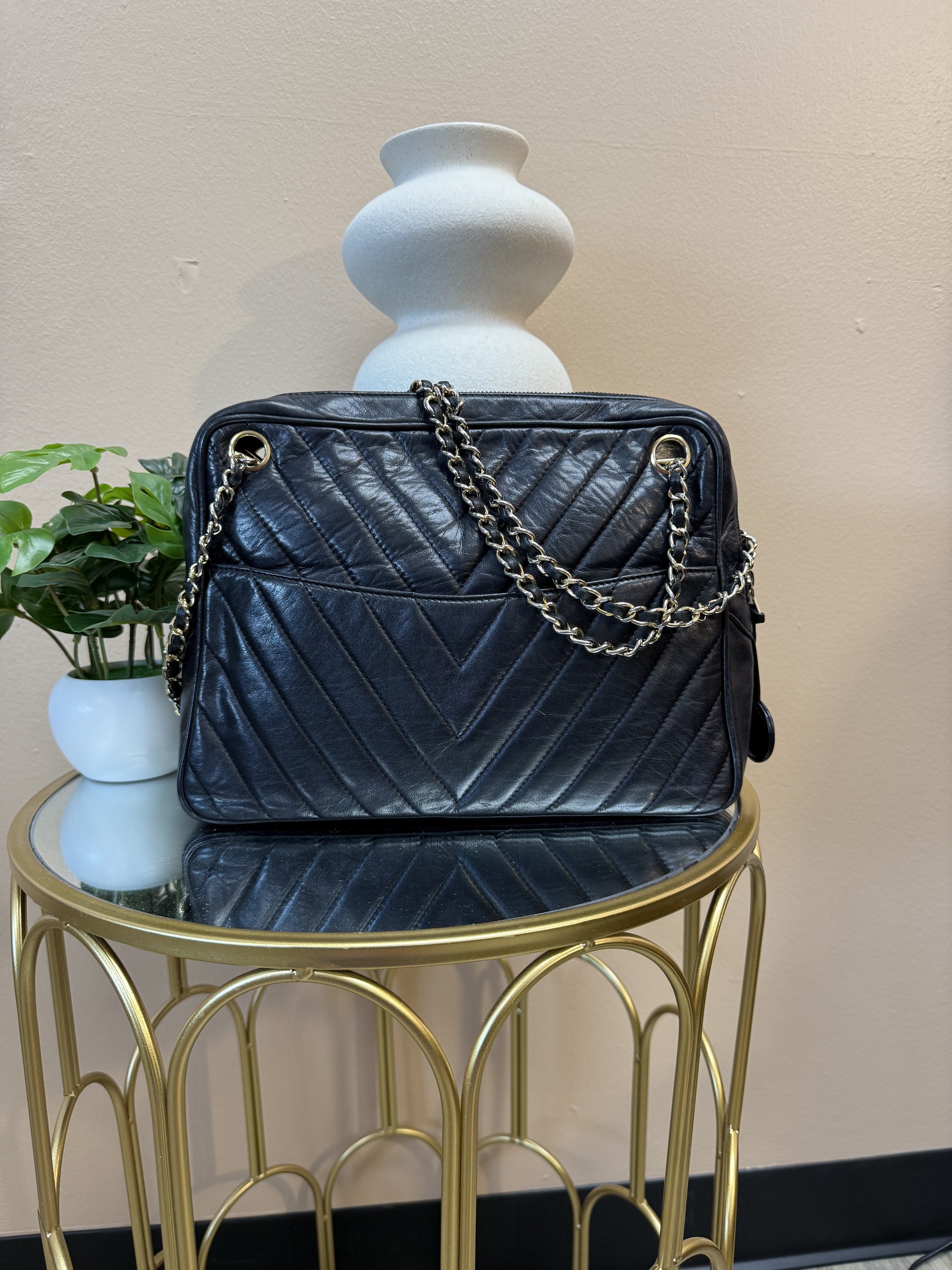 Chanel Black Lambskin Chevron Quilted Camera Shoulder Bag