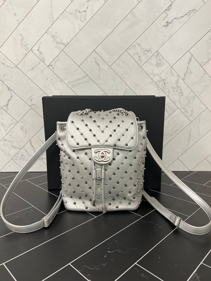 Chanel Silver Metallic Chevron Studded Backpack