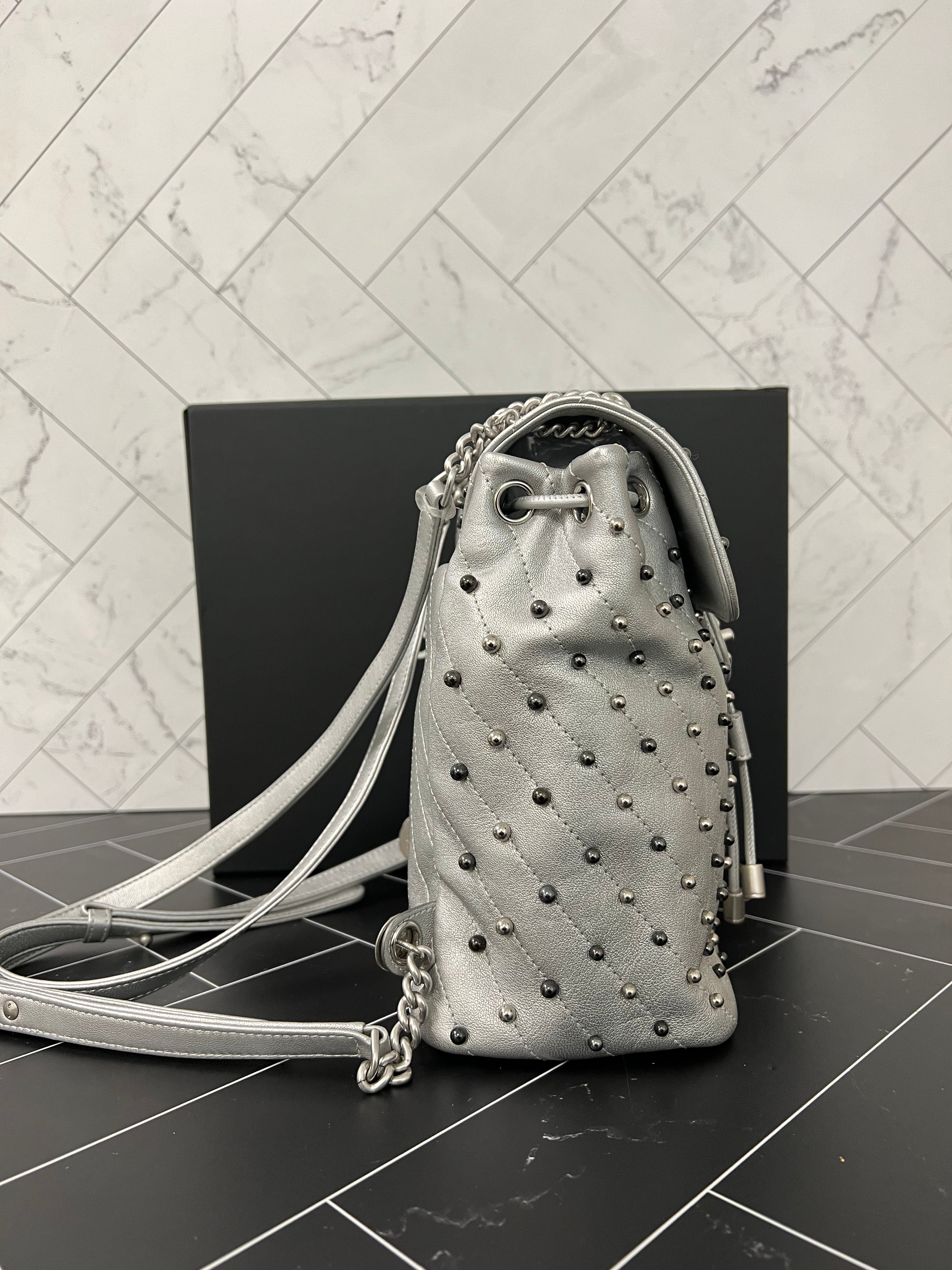 Chanel Silver Metallic Chevron Studded Backpack