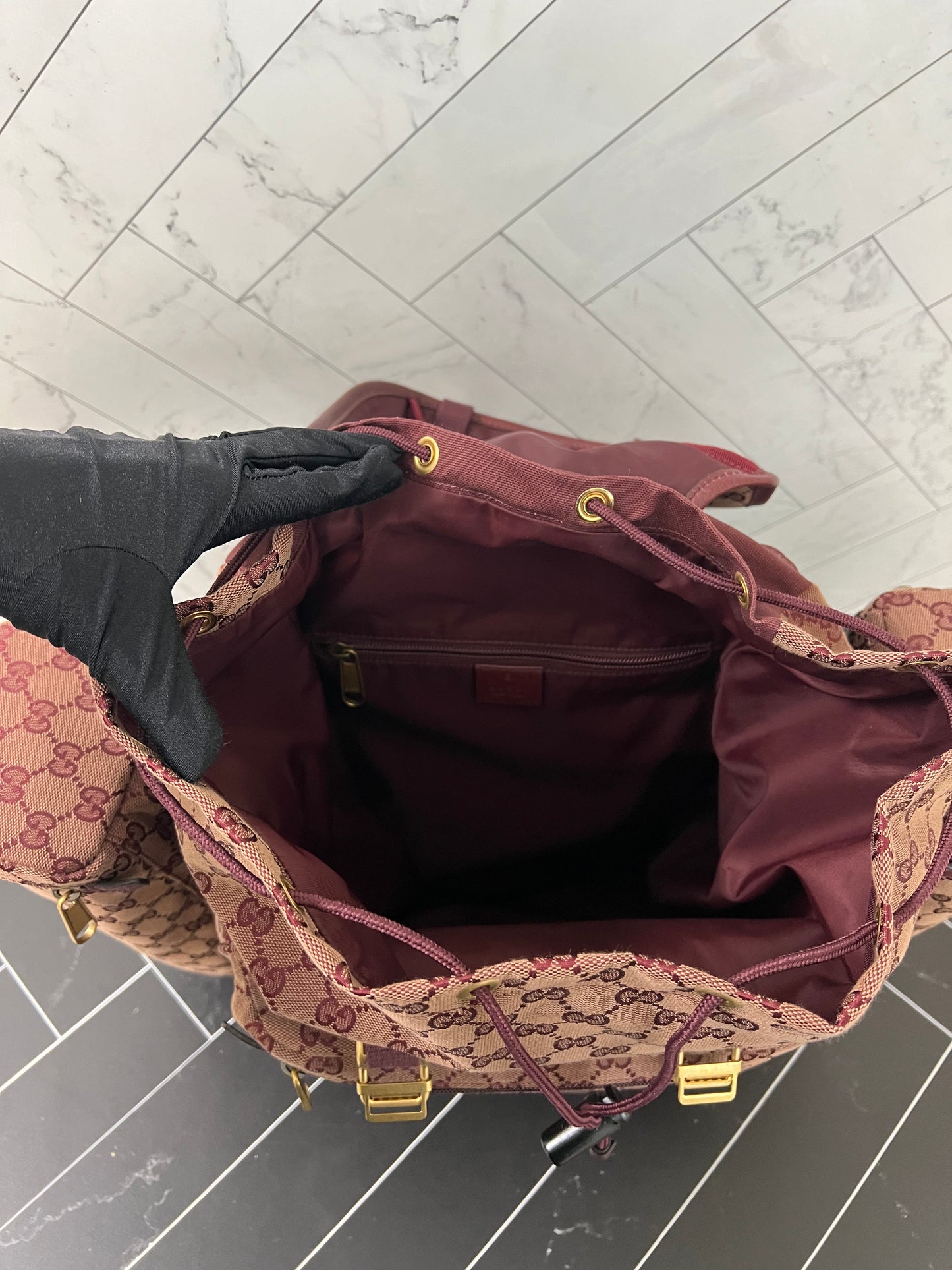 BRAND NEW Gucci Burgundy Canvas Double Side Pouch Backpack