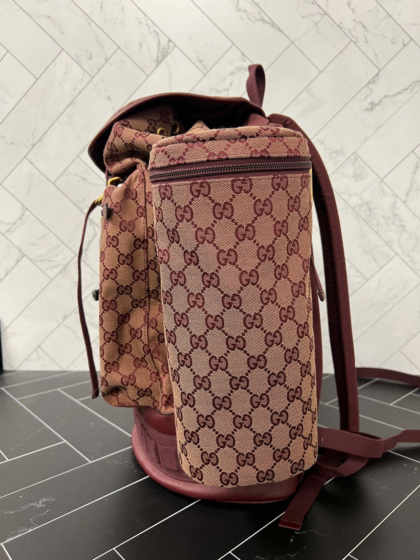 BRAND NEW Gucci Burgundy Canvas Double Side Pouch Backpack