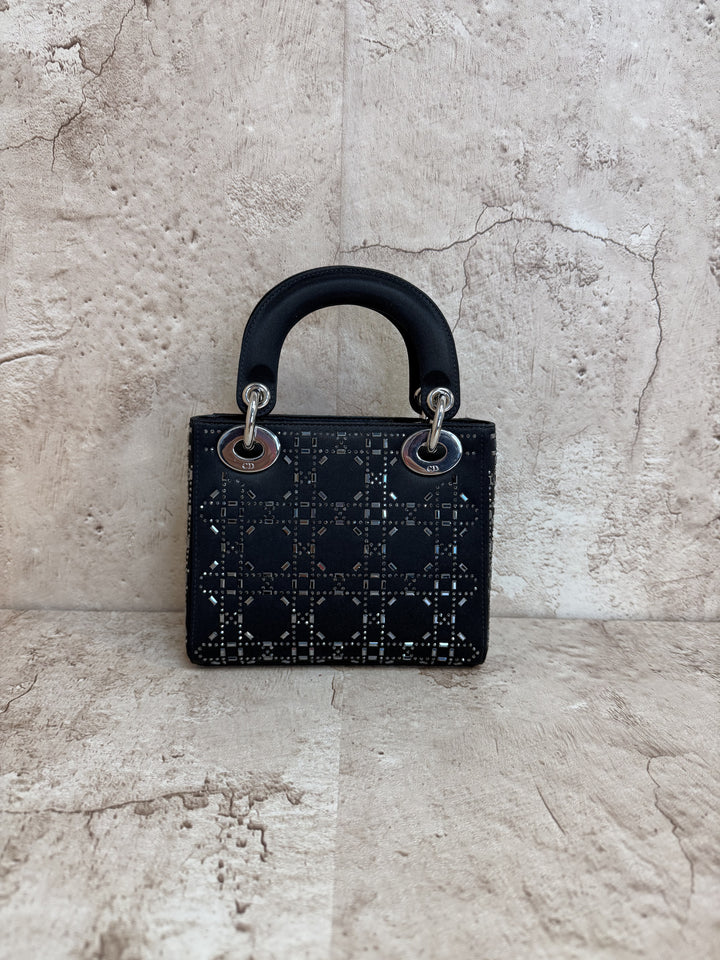 LIKE NEW Christian Dior Mini Black Strass Connage Satin Lady Dior