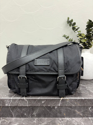 *DONS DROP* Gucci Black Nylon Monogram Double Buckle Flap Messenger Bag
