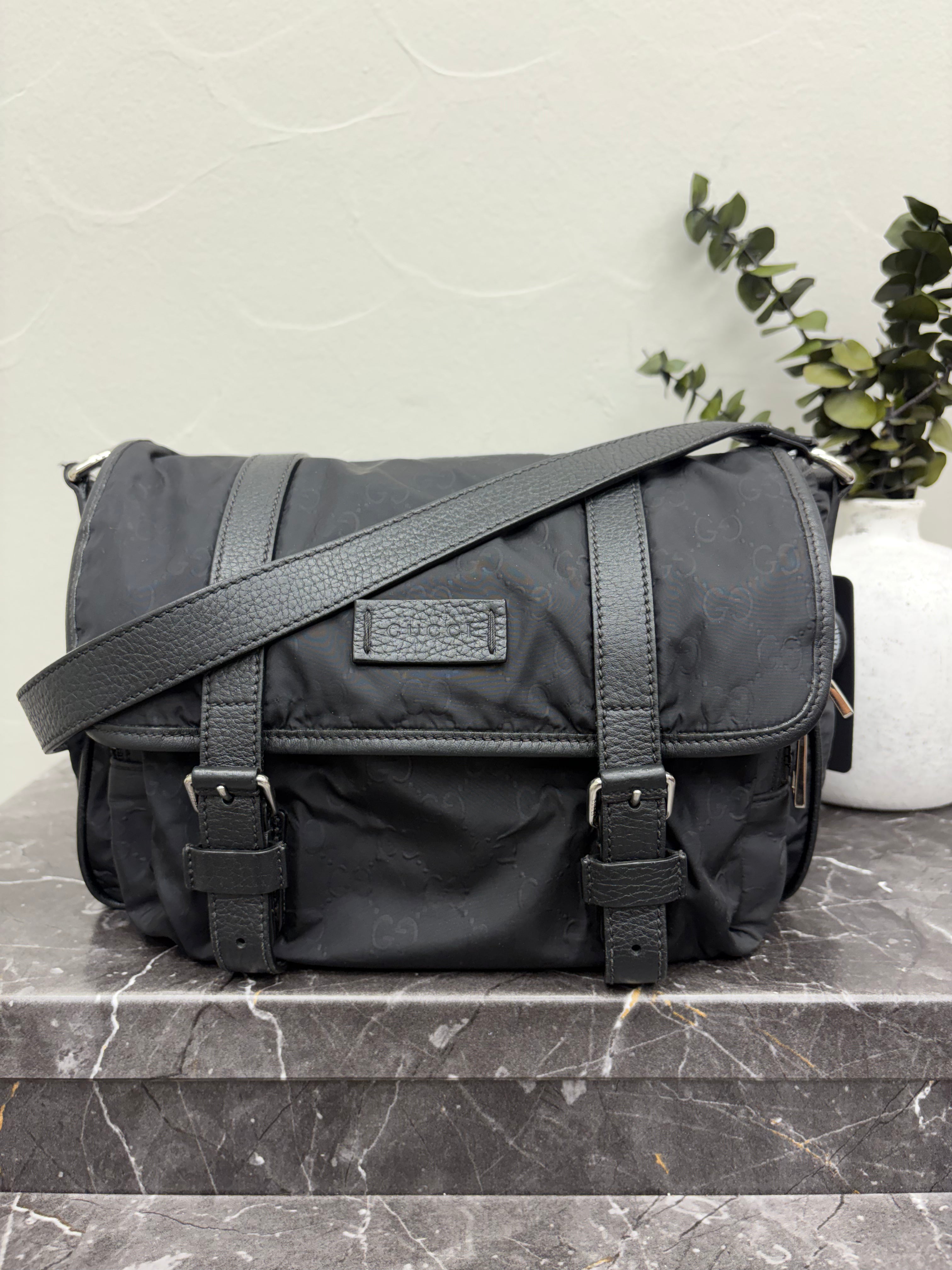 *DONS DROP* Gucci Black Nylon Monogram Double Buckle Flap Messenger Bag