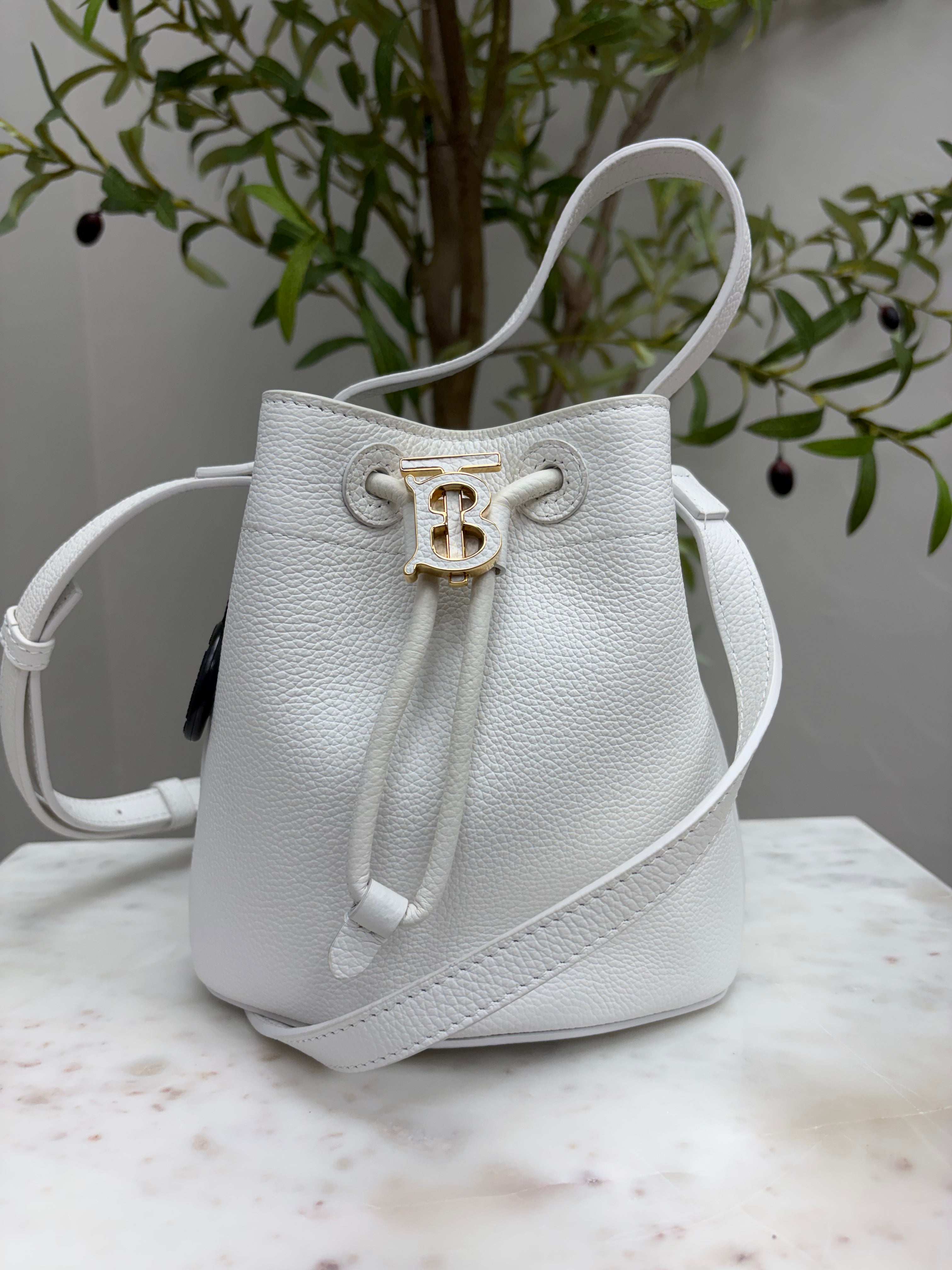 *DONS DROP* Burberry White Leather Mini TB Drawstring Bucket Crossbody