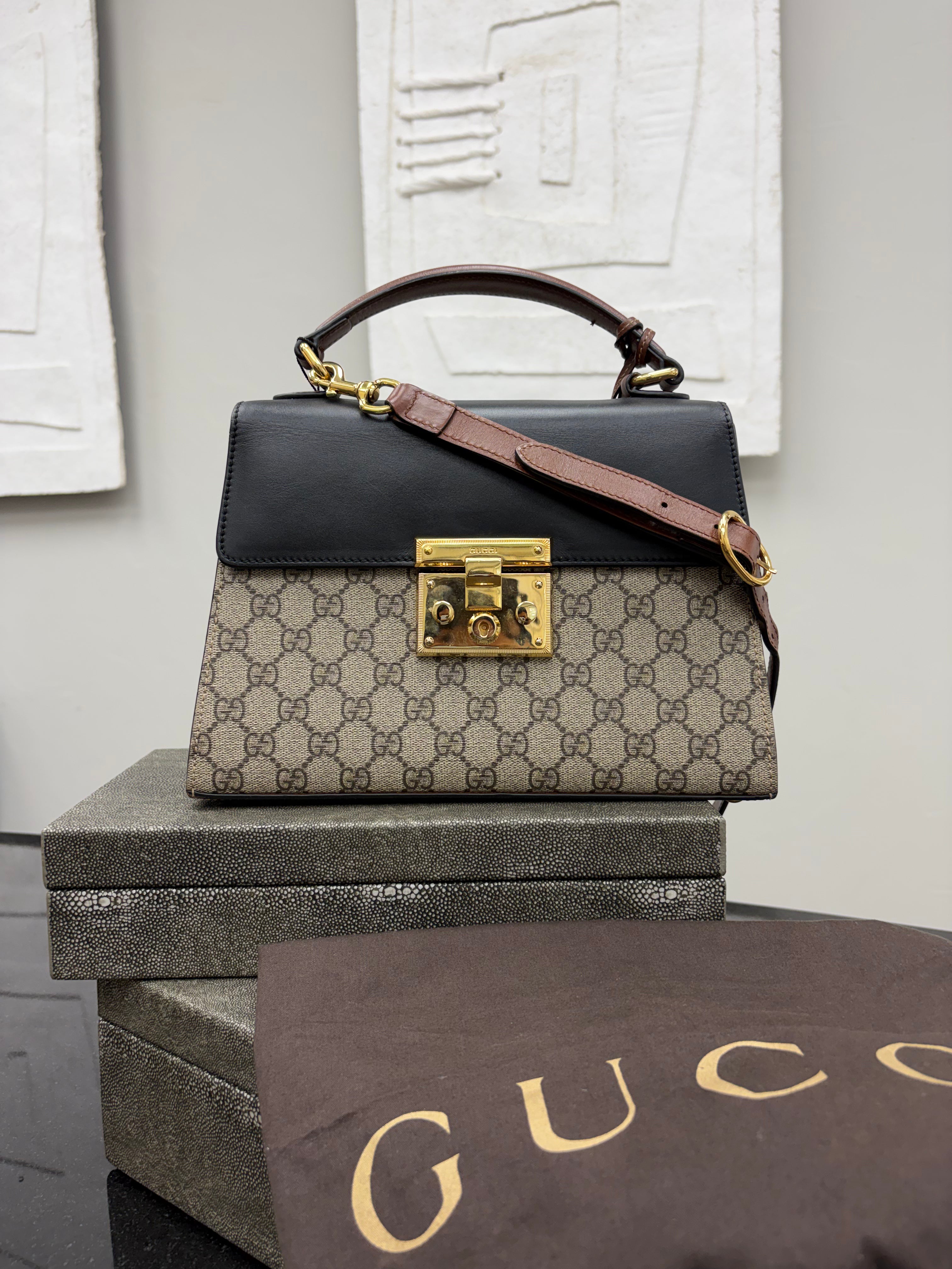 *DONS PRE DROP* Gucci Black Leather & GG Supreme Canvas Small Padlock Two Way Bag