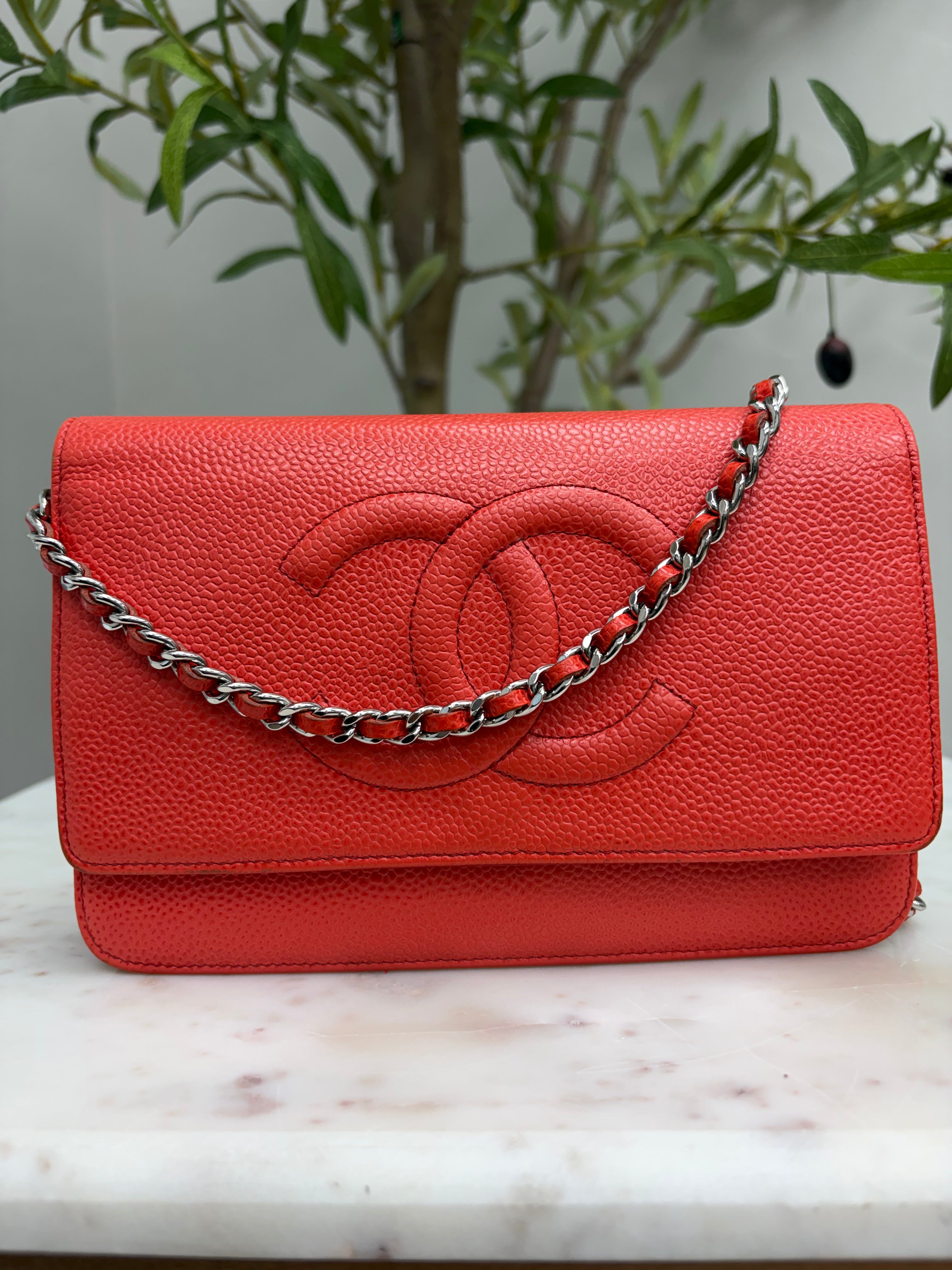 *DONS DROP* Chanel Orange & Red Caviar Leather Timeless Wallet on a Chain