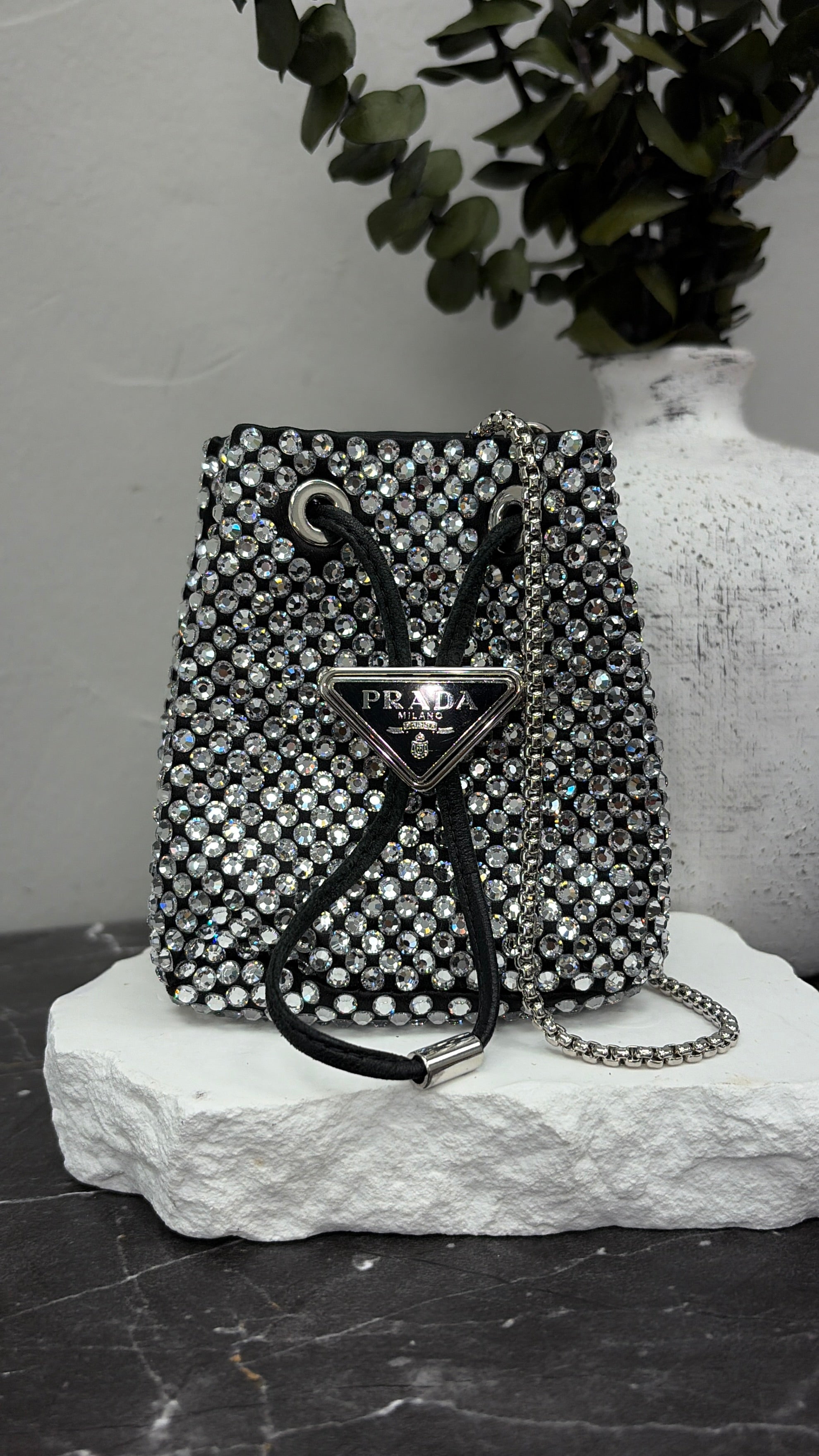 *DONS DROP* Prada Black Satin & Crystal Drawcord Pouch with a Chain