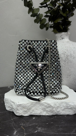 *DONS DROP* Prada Black Satin & Crystal Drawcord Pouch with a Chain