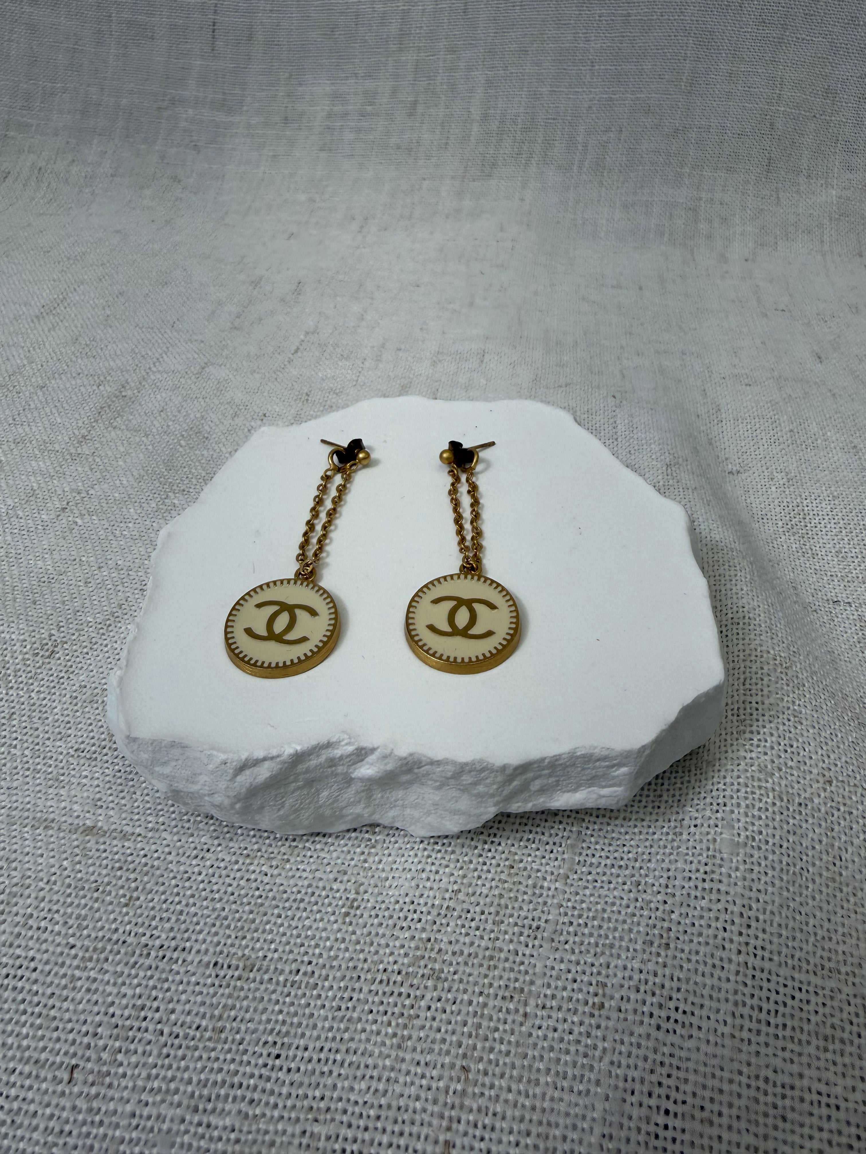 Chanel Round ivory Enamel CC Logo Dangle Earrings