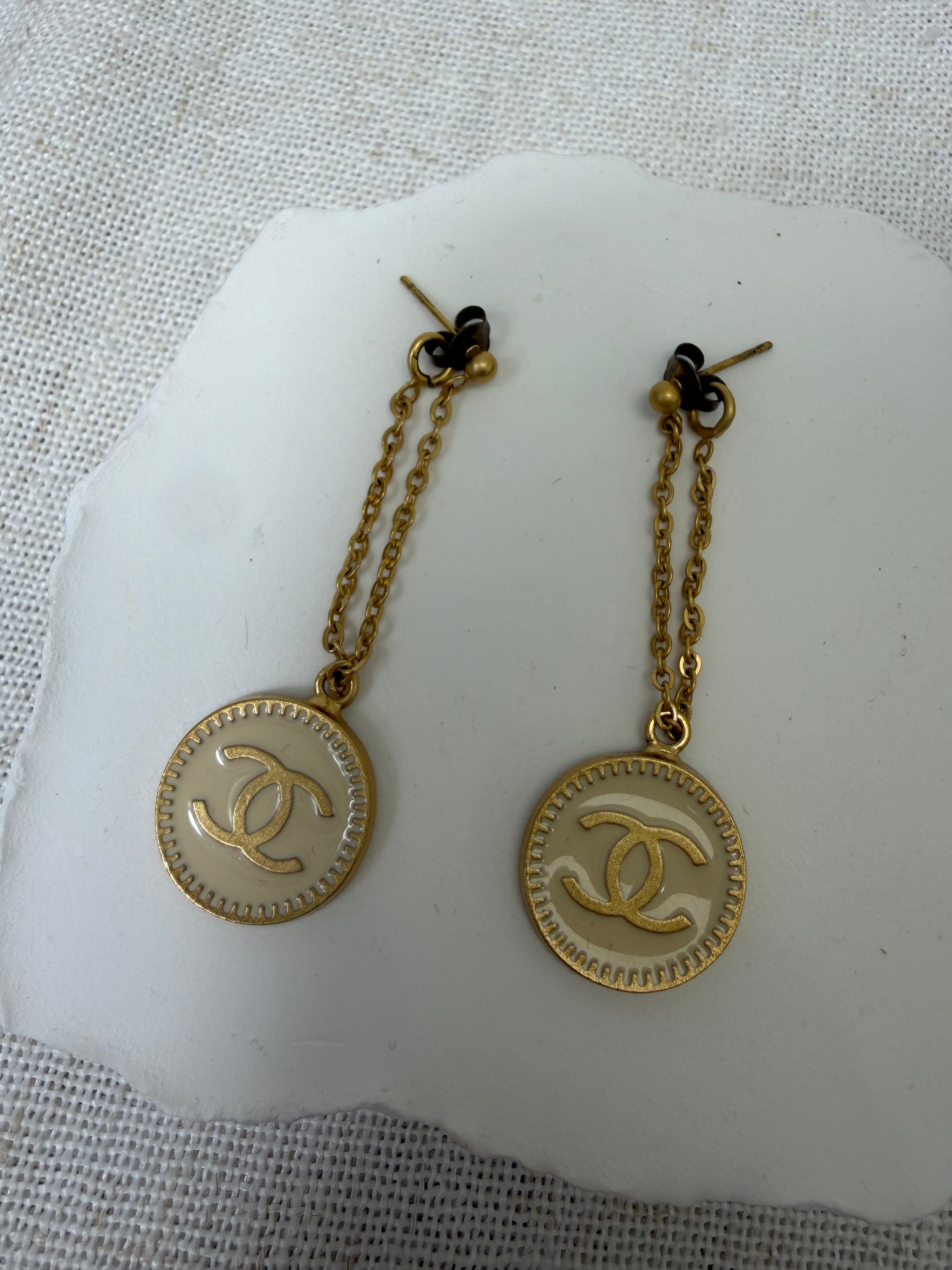 Chanel Round ivory Enamel CC Logo Dangle Earrings