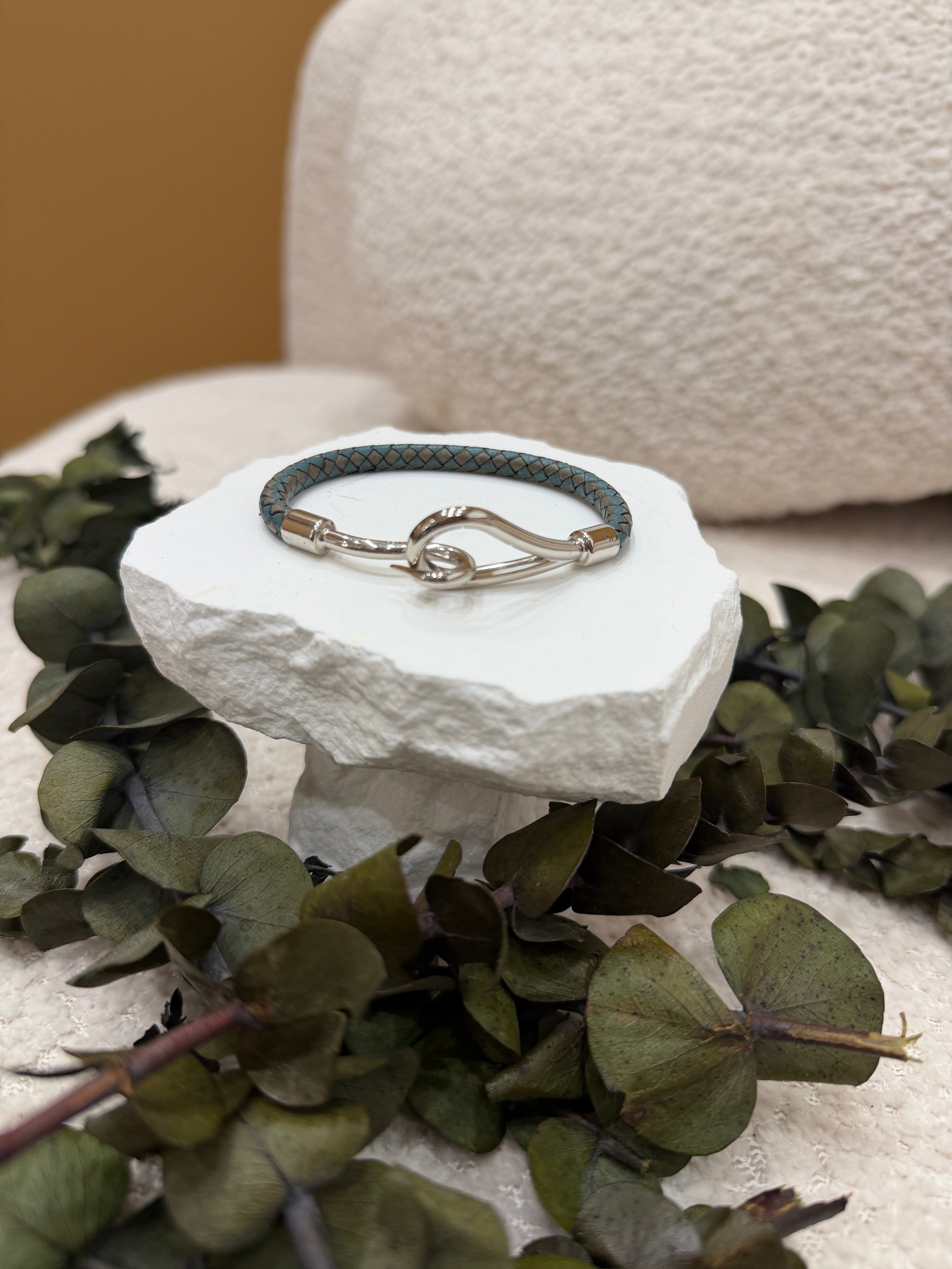 Hermes Blue And Gray Leather Jumbo Hook Bracelet