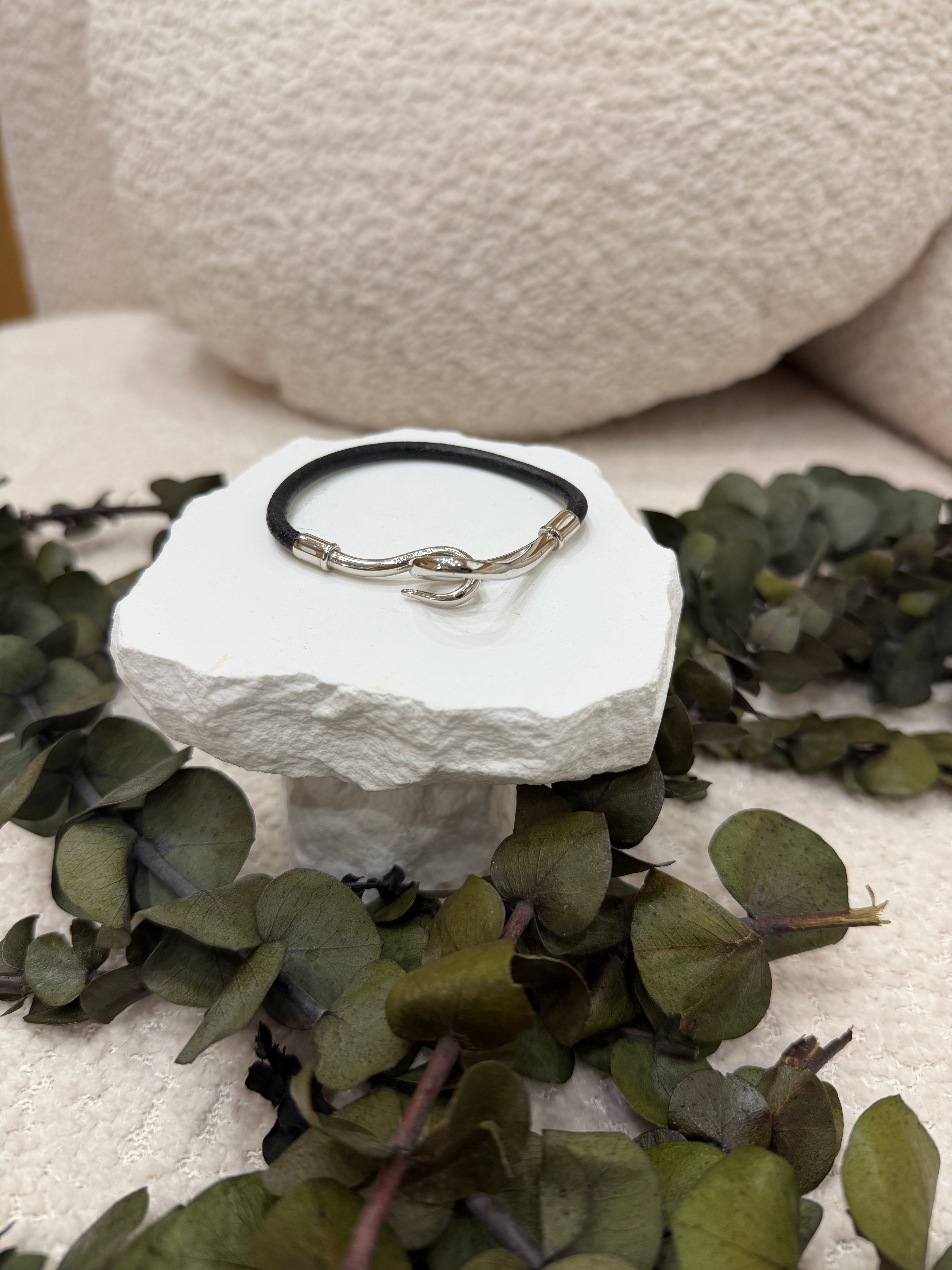 Hermes Black Leather Jumbo Hook Bracelet