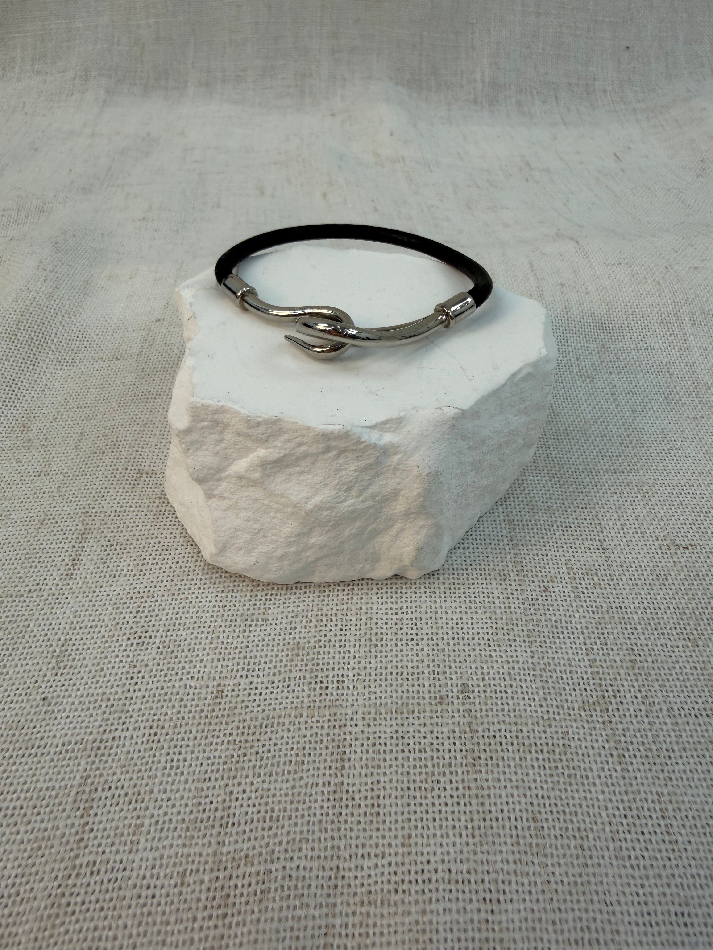 Hermes Black Leather Jumbo Hook Bracelet