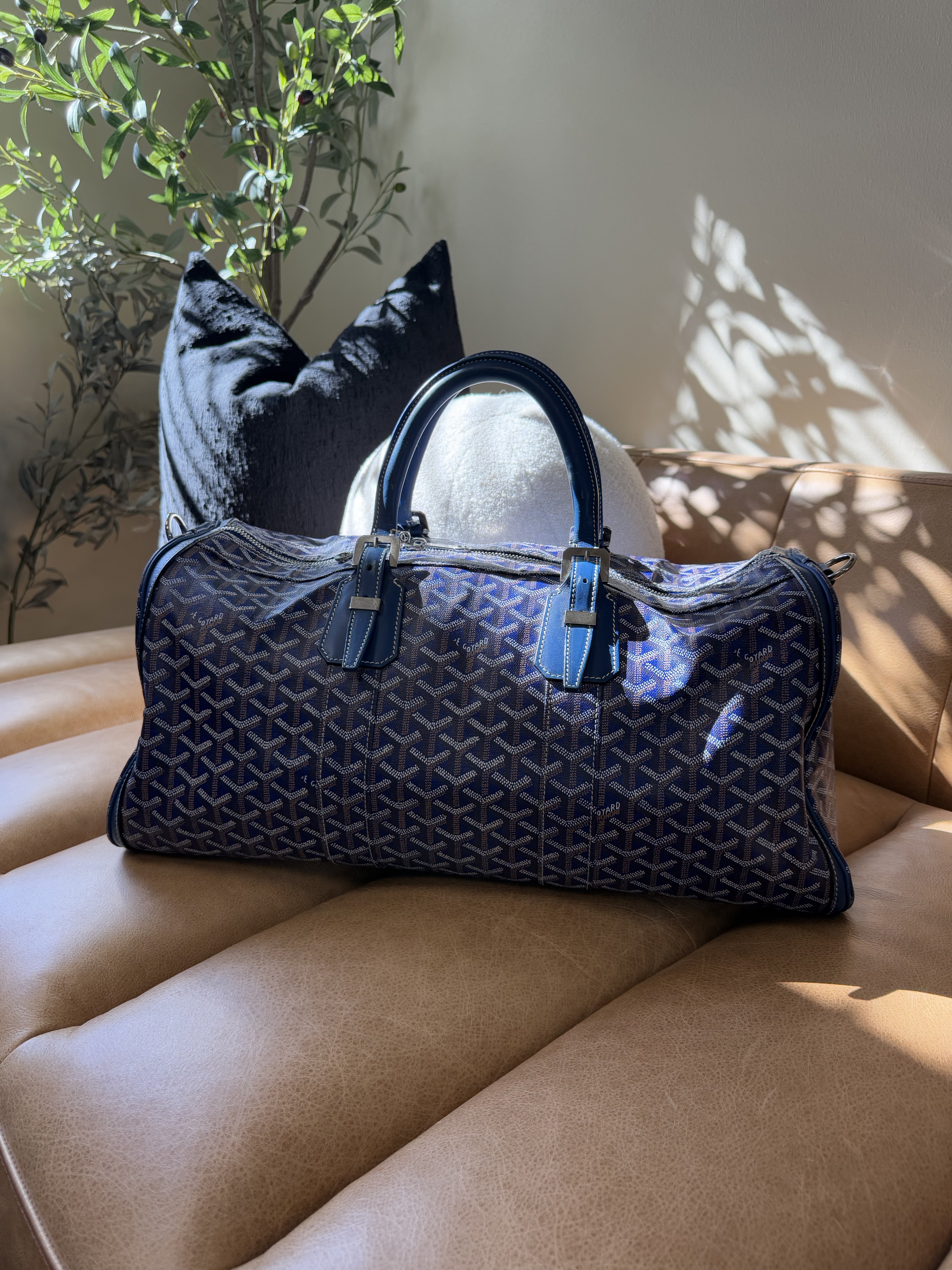 Goyard Navy Goyardine Leather Boston Bag