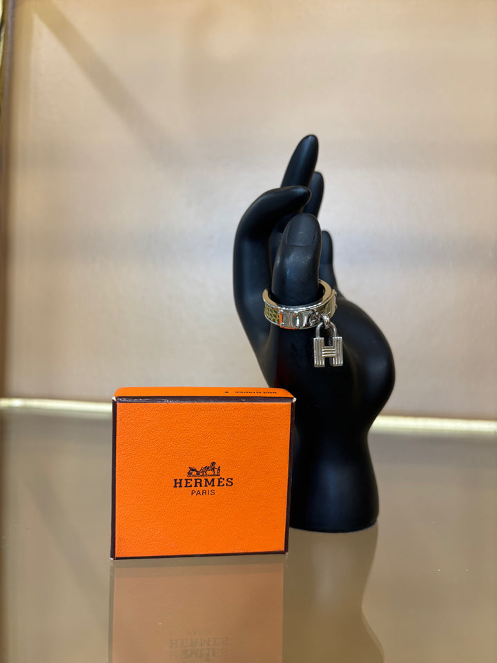 Hermes Silver And Green Kelly Lock Scarf Ring Exotic