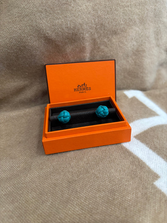 Hermes Blue Leather And Silver Cuff Links