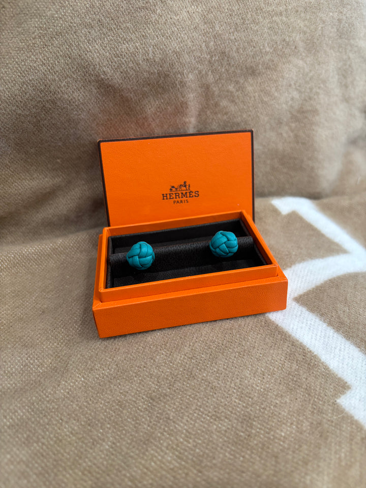 Hermes Blue Leather And Silver Cuff Links