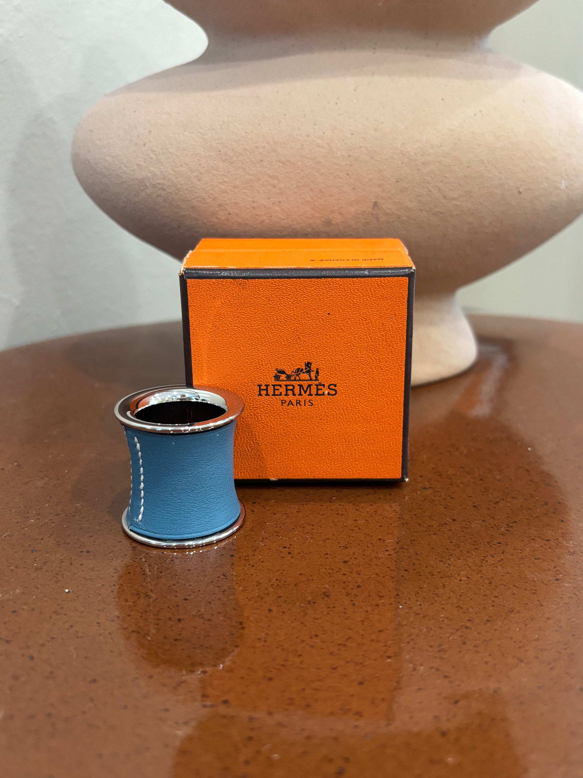Hermes Blue Leather And Silver Scarf Ring
