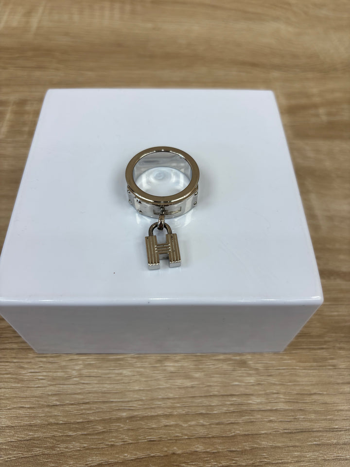 Hermes Silver And Green Kelly Lock Scarf Ring Exotic