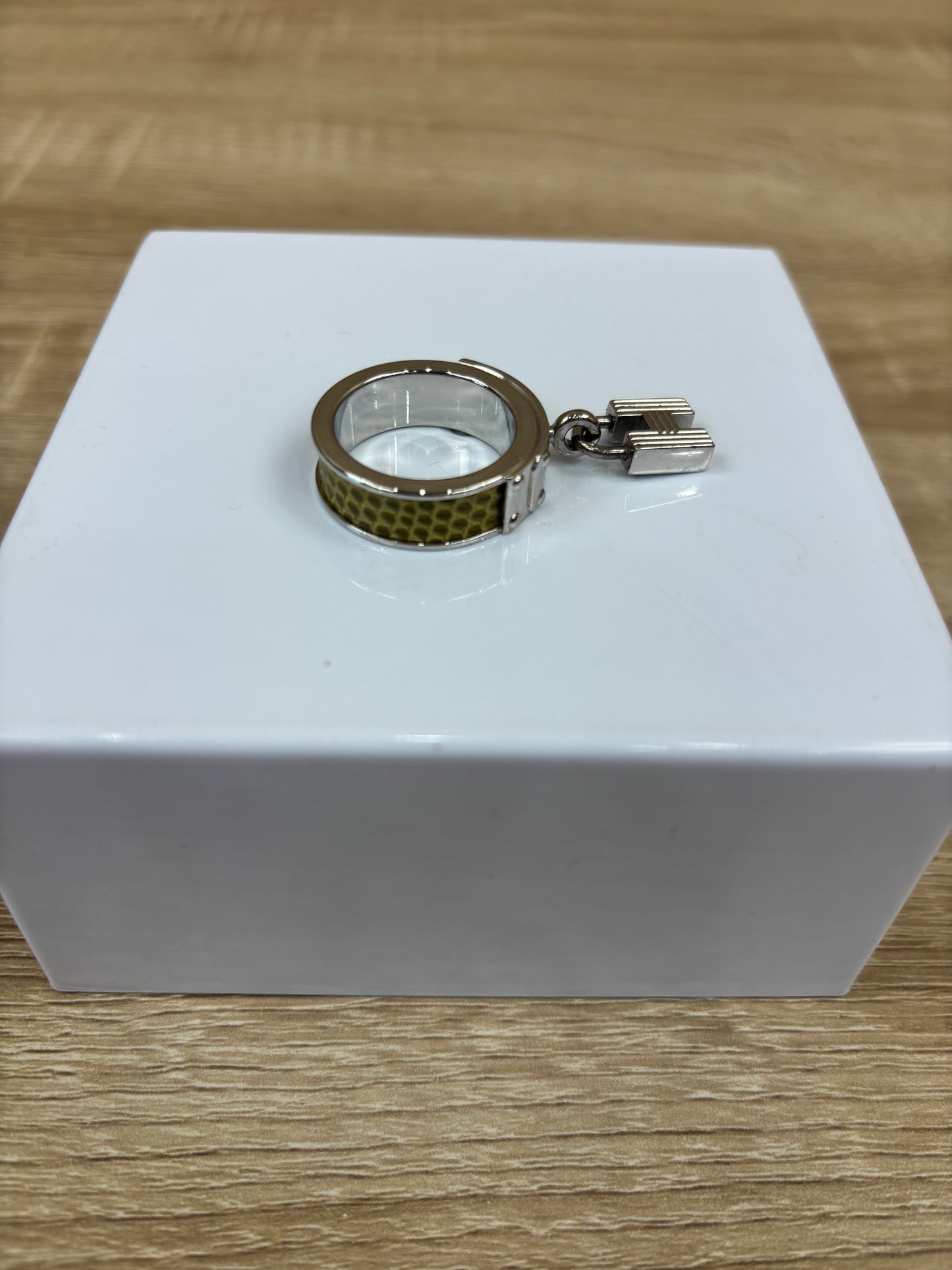 Hermes Silver And Green Kelly Lock Scarf Ring Exotic