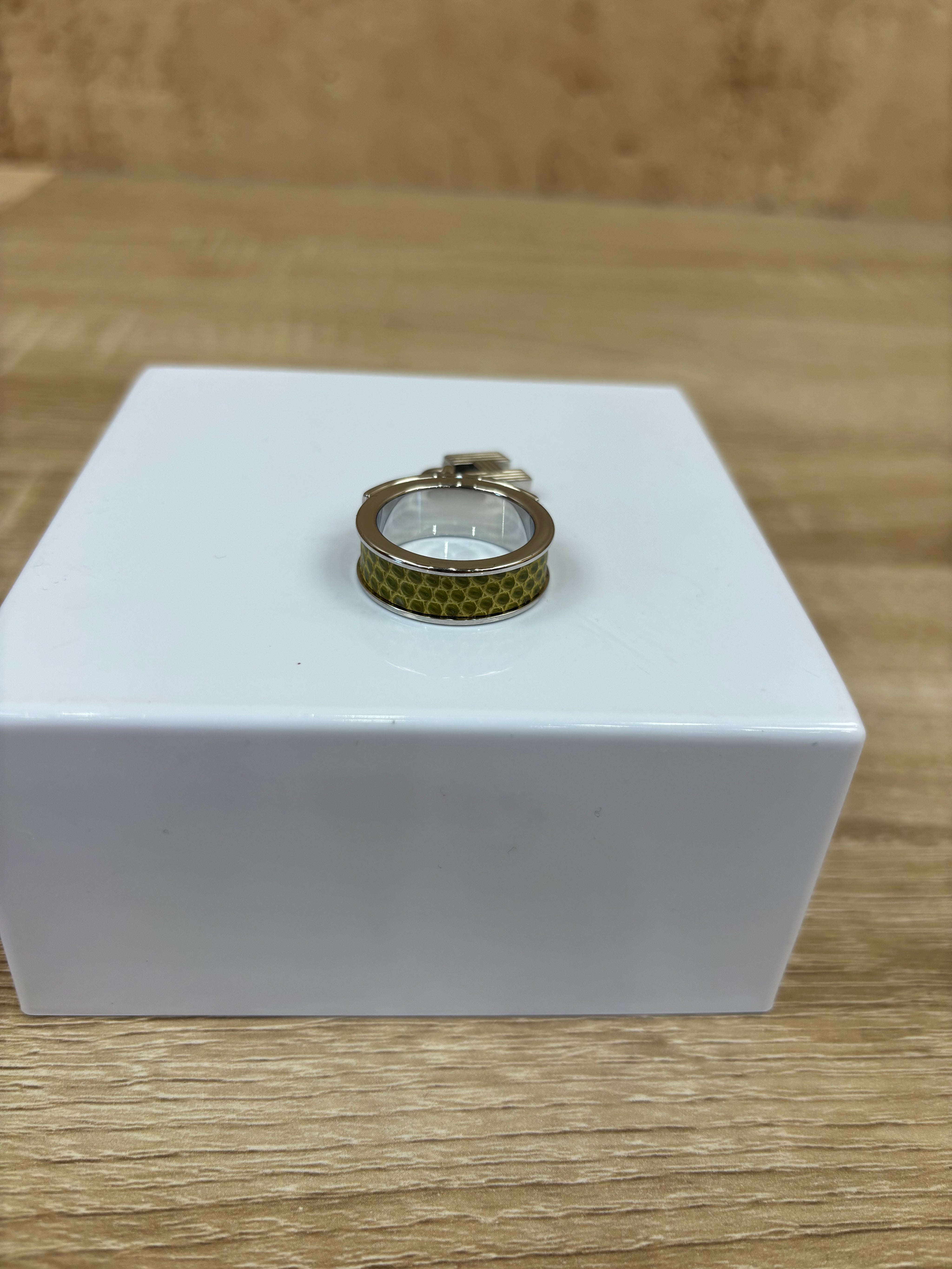 Hermes Silver And Green Kelly Lock Scarf Ring Exotic