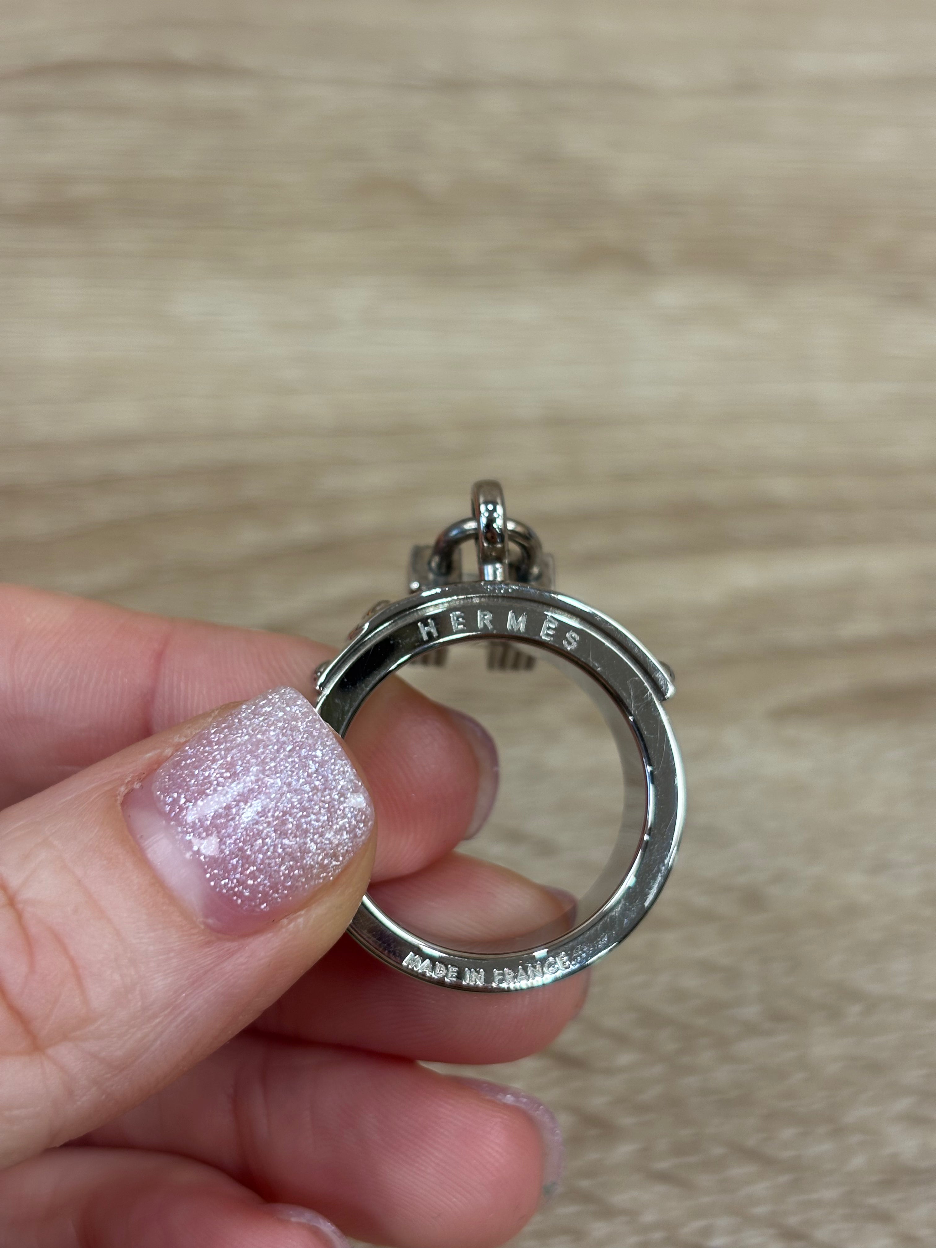 Hermes Silver And Green Kelly Lock Scarf Ring Exotic
