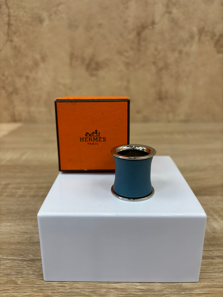 Hermes Blue Leather And Silver Scarf Ring
