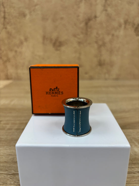 Hermes Blue Leather And Silver Scarf Ring