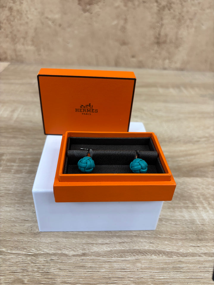 Hermes Blue Leather And Silver Cuff Links