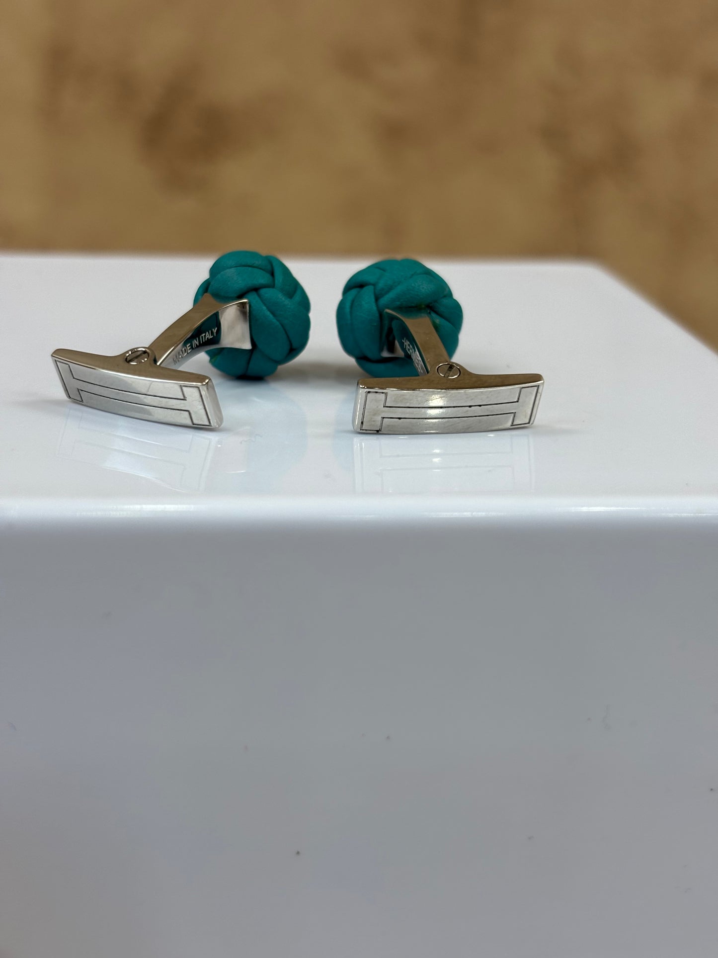 Hermes Blue Leather And Silver Cuff Links