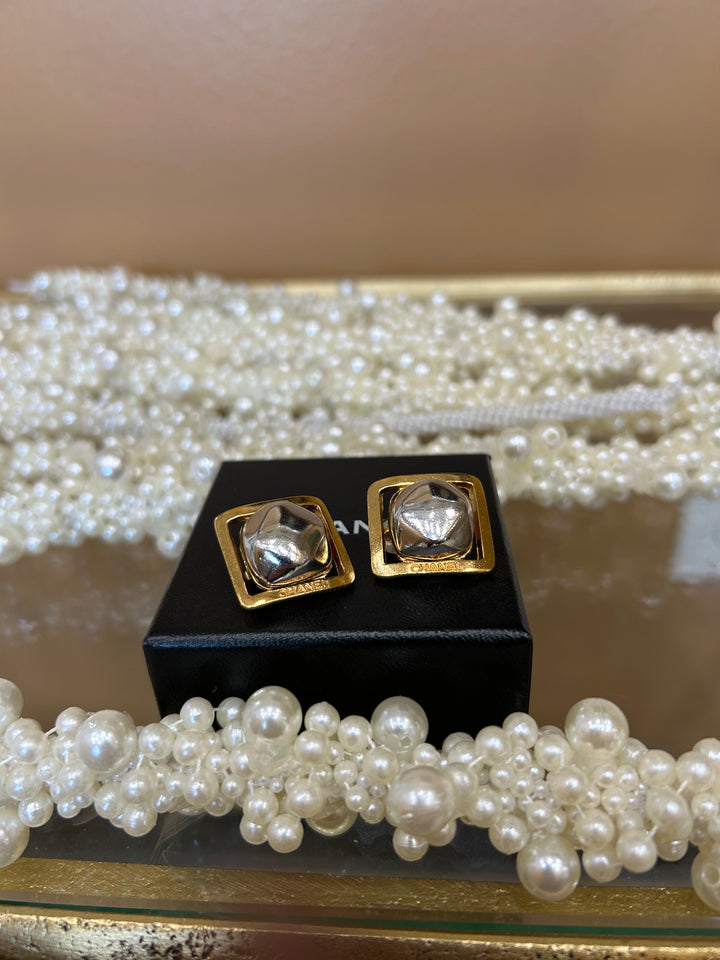 Chanel Silver And Gold Square Clip On Earrings