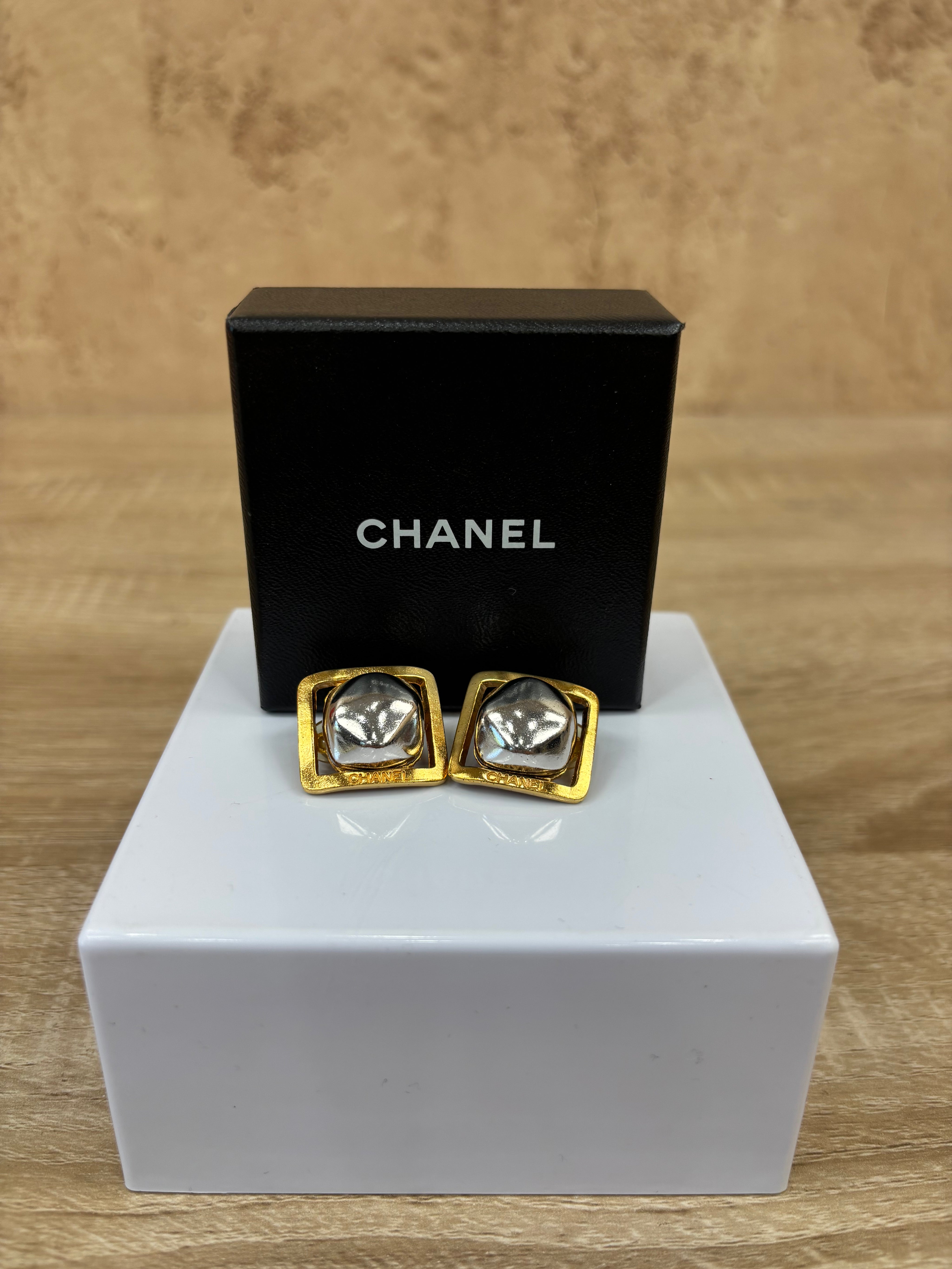 Chanel Silver And Gold Square Clip On Earrings