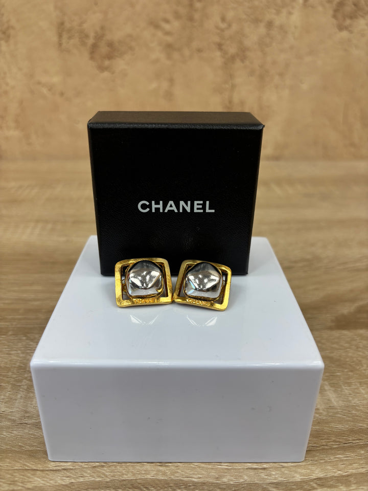 Chanel Silver And Gold Square Clip On Earrings