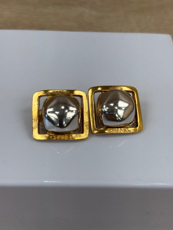 Chanel Silver And Gold Square Clip On Earrings