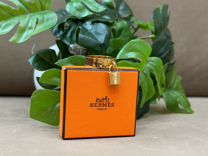 Hermes Gold And Brown Leather Kelly Lock Scarf Ring