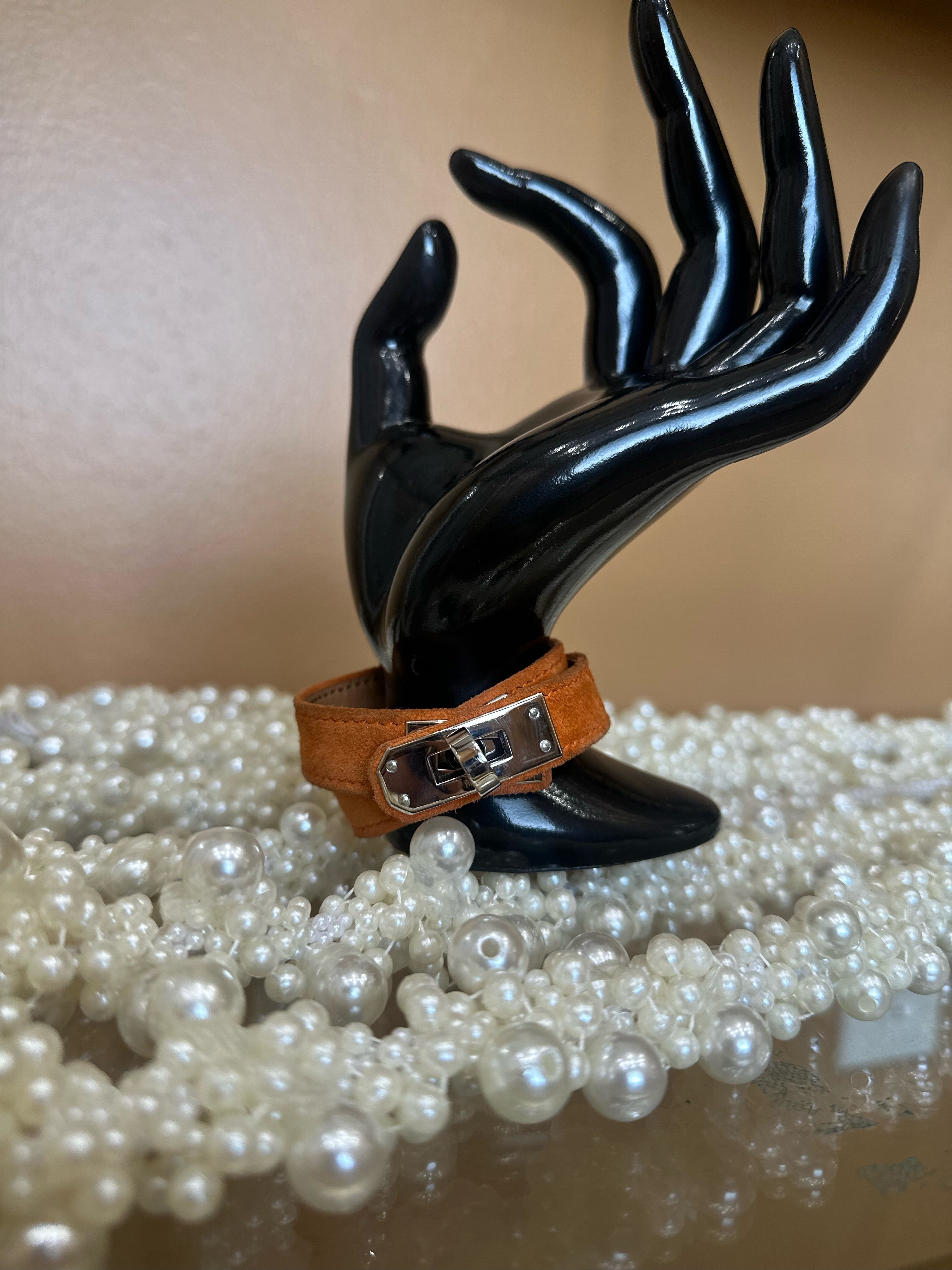 Hermes Orange Suede Kelly Lock Bracelet