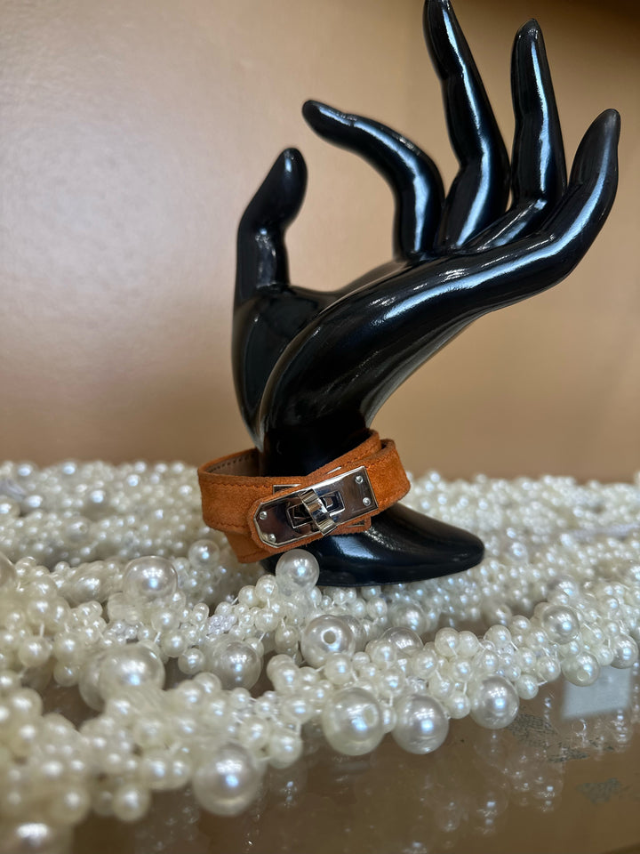 Hermes Orange Suede Kelly Lock Bracelet