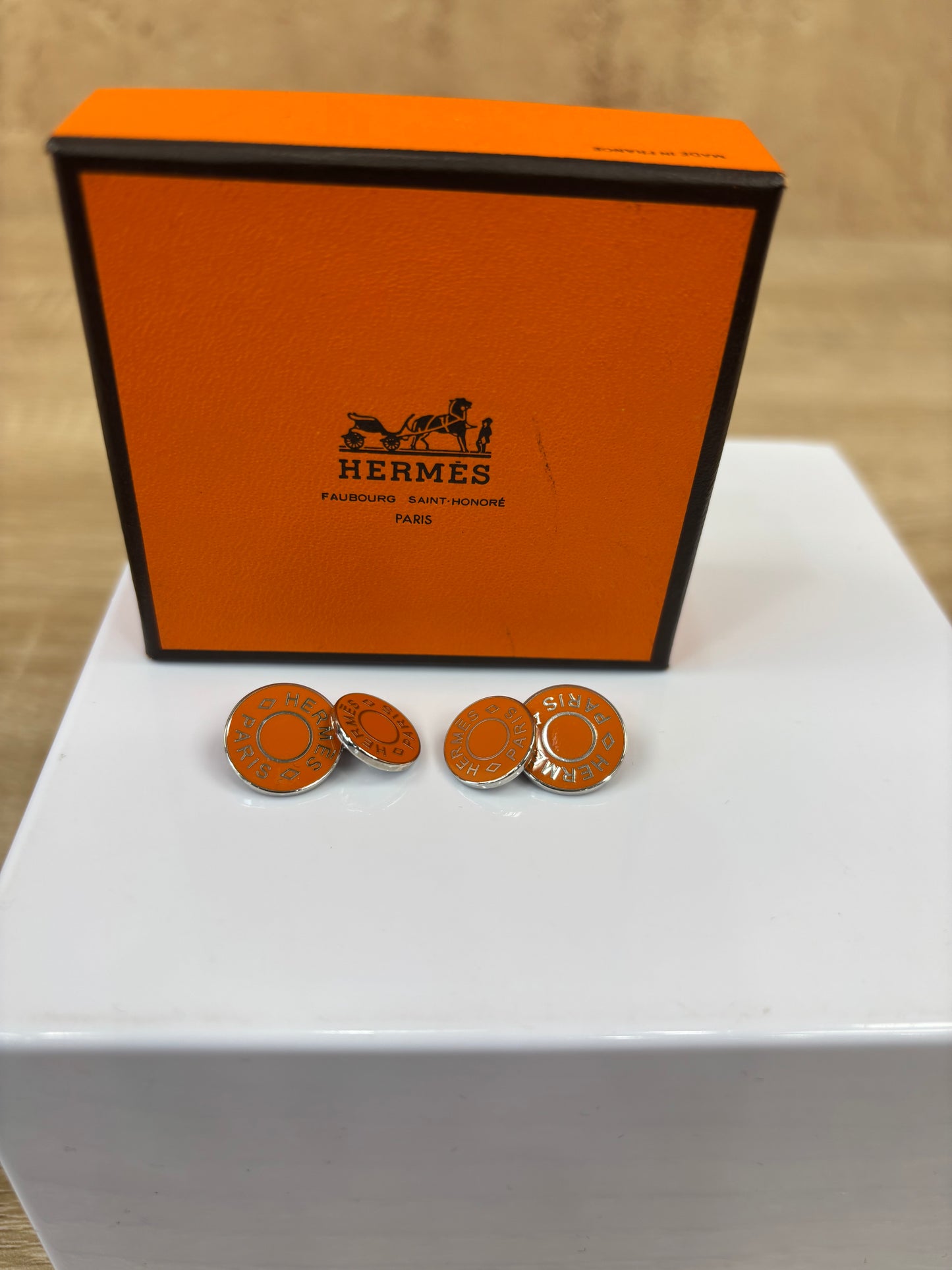 Hermes Orange And Silver Cufflinks