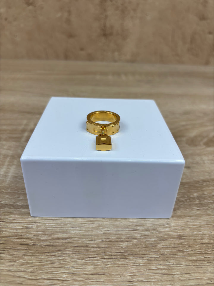 Hermes Gold And Brown Leather Kelly Lock Scarf Ring