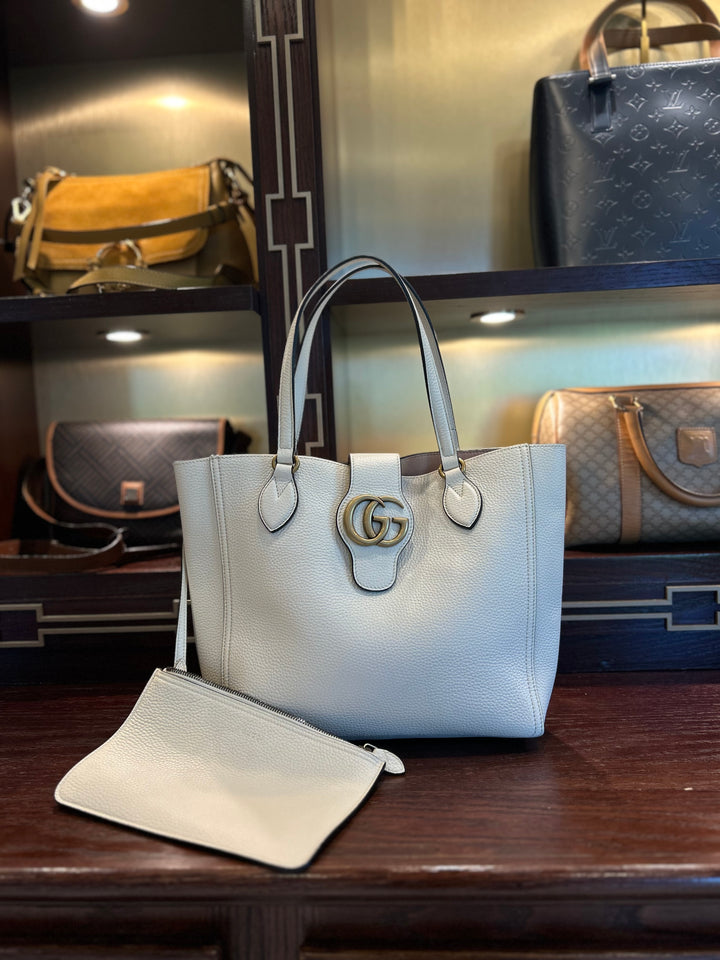 BRAND NEW- Gucci White Leather Dahlia Tote With Pouch