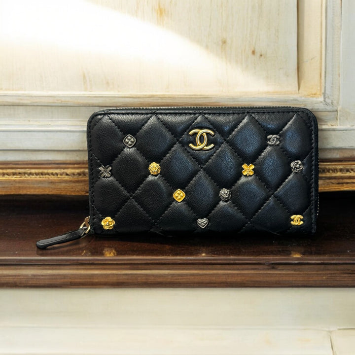 Chanel Black Lambskin Charms Zippy Compact Wallet