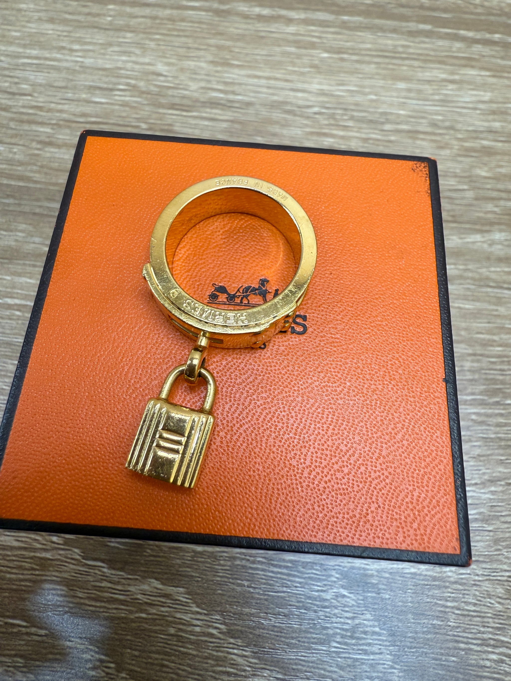 Hermes Gold & Burgundy Croc Embossed  Leather Kelly Scarf Ring