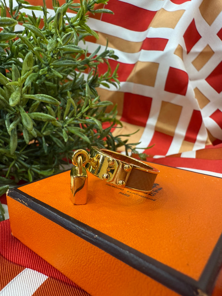 Hermes Gold & Tan Leather Kelly Scarf Ring